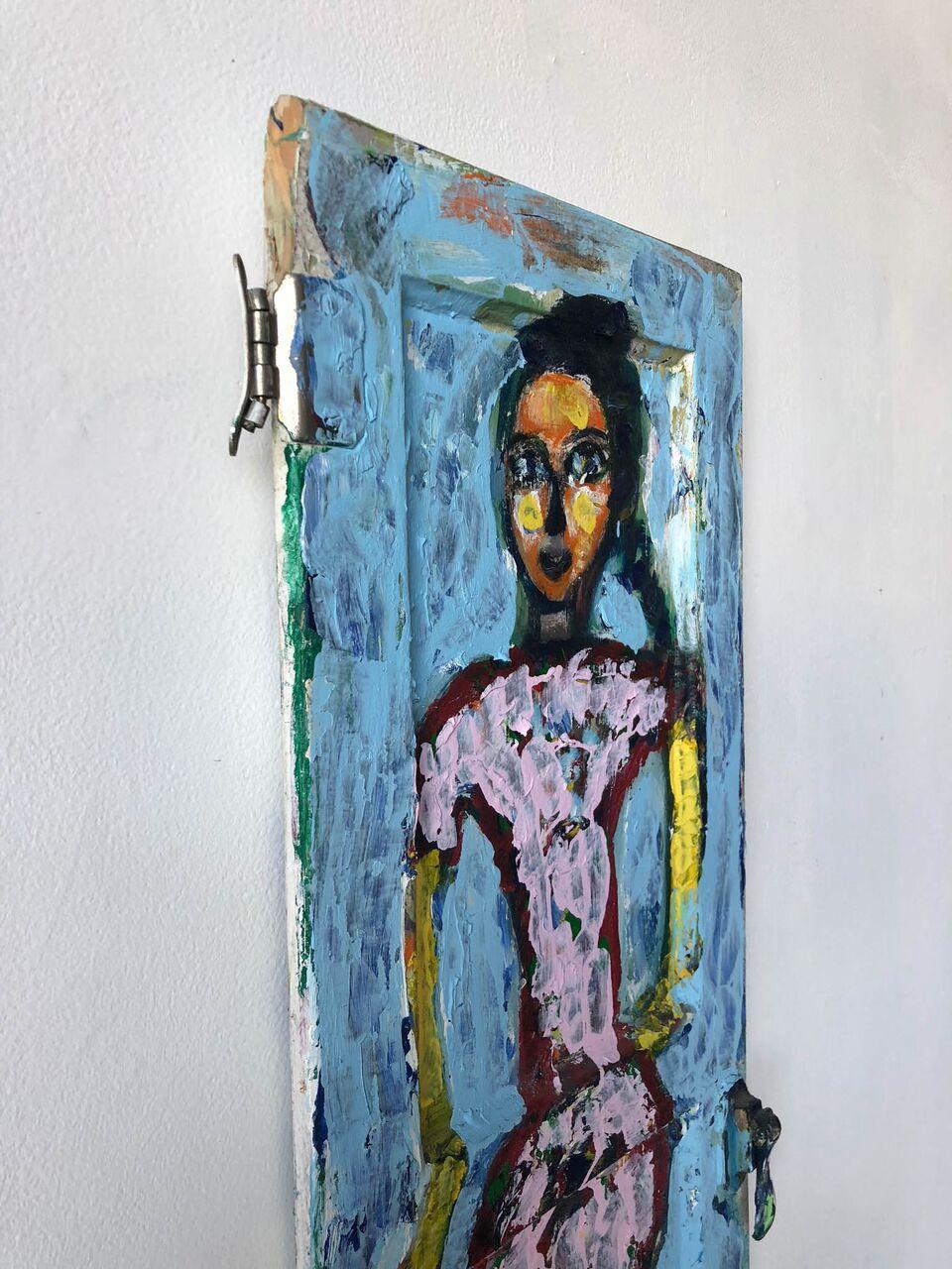 She Has a Dark Braid and a Pink Dress on Found Wood//Folk Art - Painting by Rick Borg