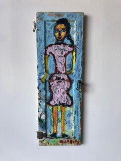 She Has a Dark Braid and a Pink Dress on Found Wood//Folk Art