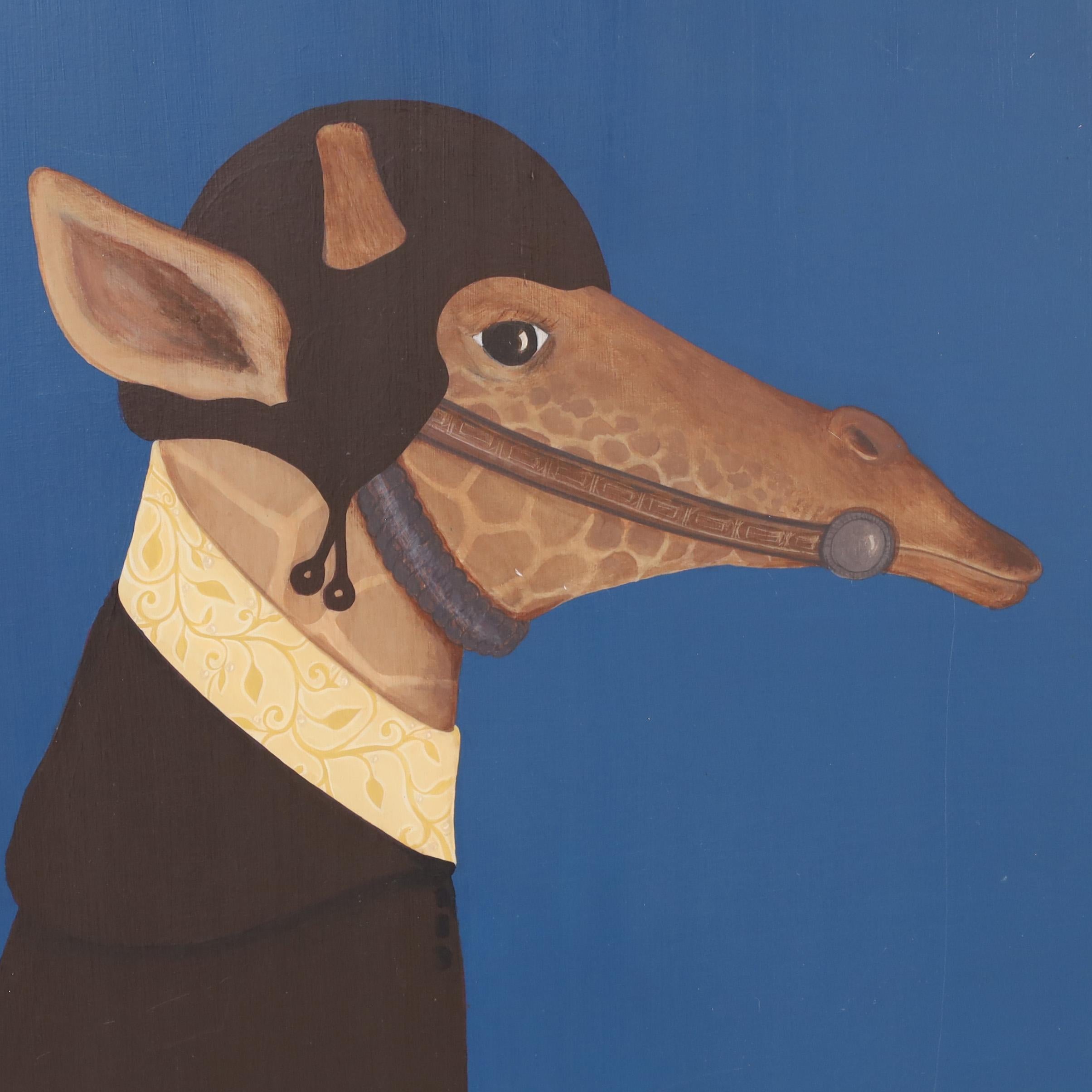 Striking mid century acrylic painting on board of a giraffe with a clerical reference executed with a surrealist influence, sign Devin and titled 