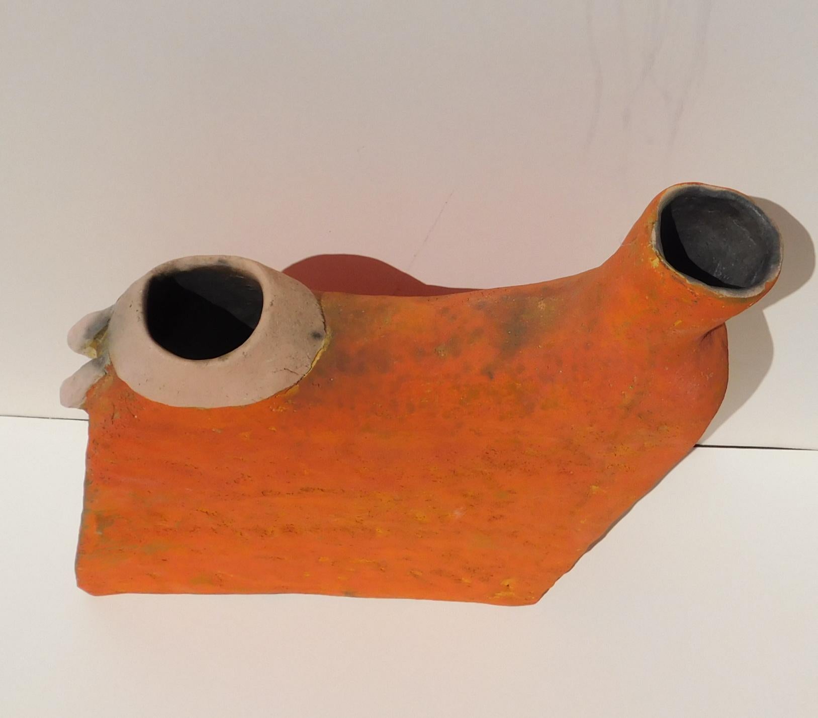 Rick Dillingham (1952-1993) Ceramic work from his gas can series, circa 1970's.
This tall sculpture measures 13 1/2