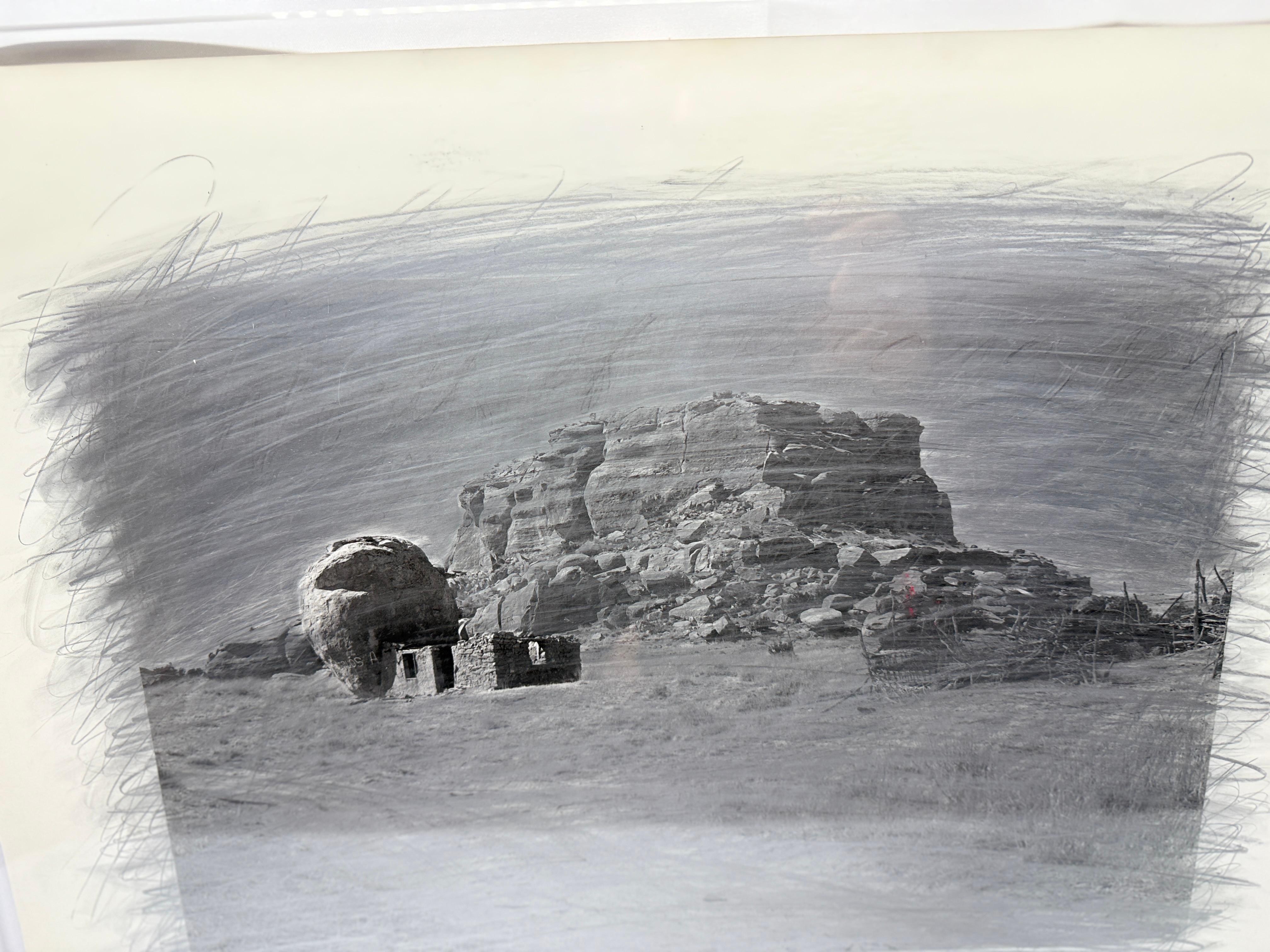 American Rick Dingus, Abandoned Rock Shelter Near Acoma Graphite on Photograph, c. 1980 For Sale