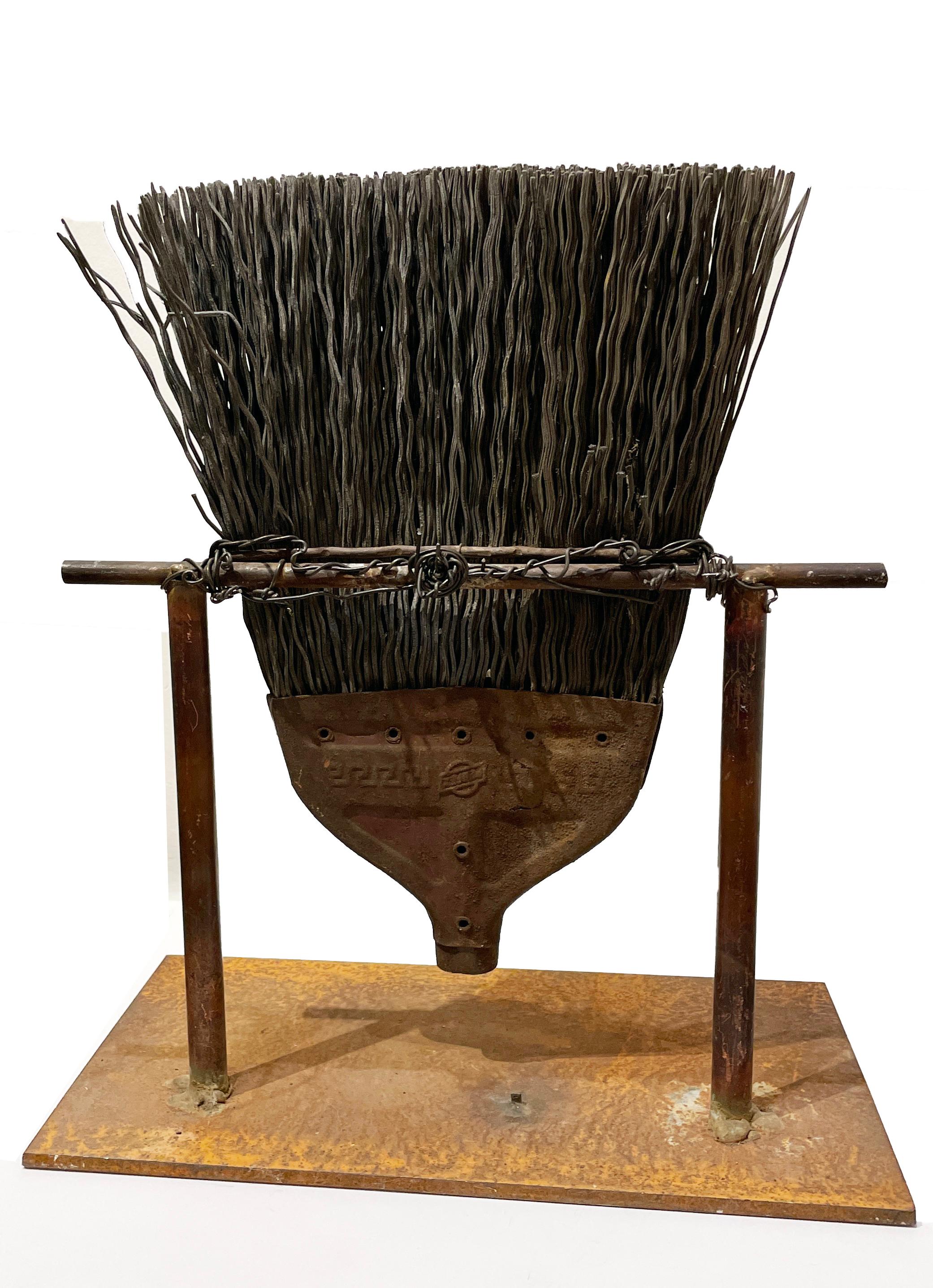 Order of the Ages - Found Object Sculpture with Heavy Bristle Brush & Figure - Beige Abstract Sculpture by Rick Farrell