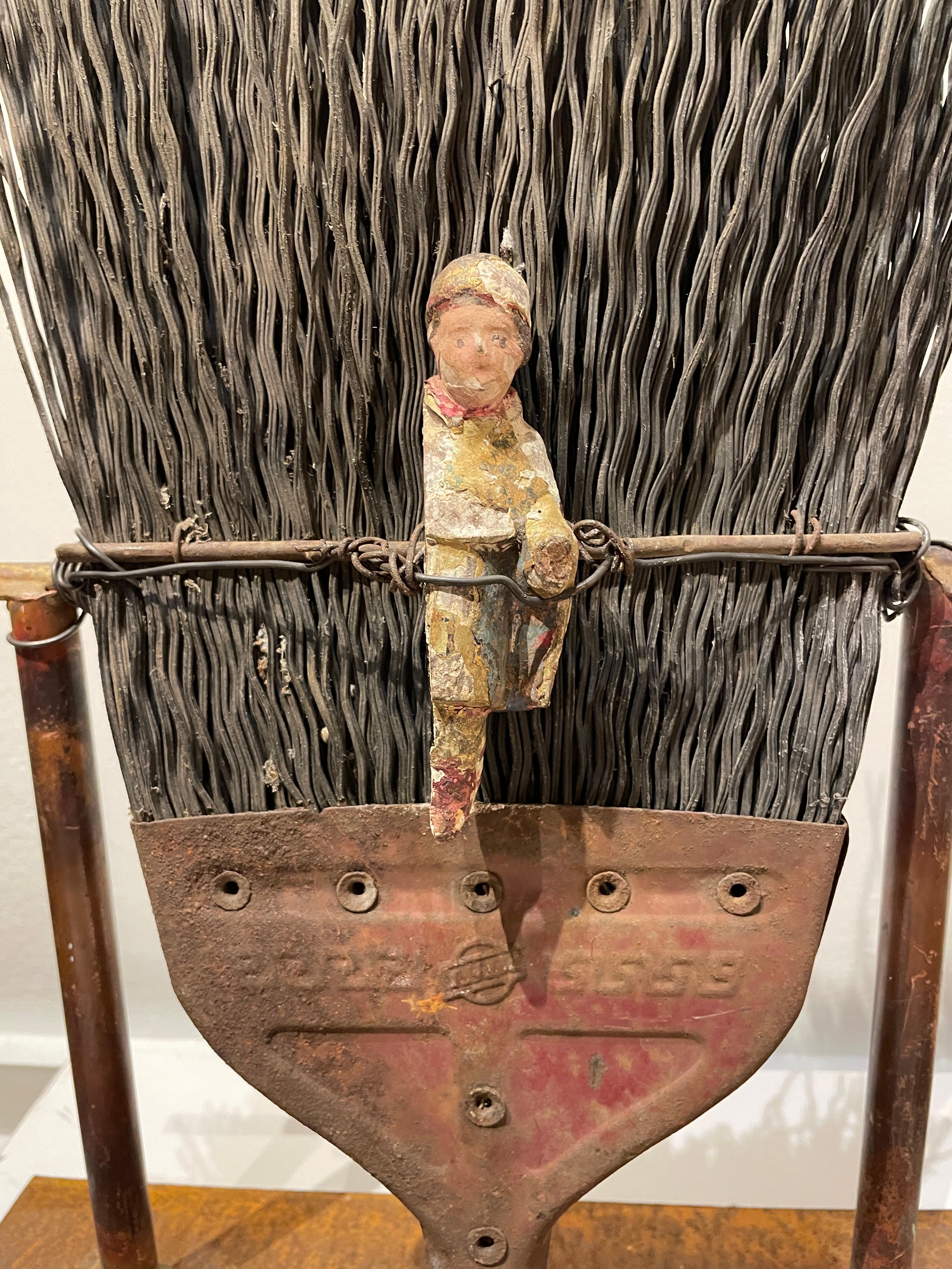 Order of the Ages - Found Object Sculpture with Heavy Bristle Brush & Figure For Sale 1