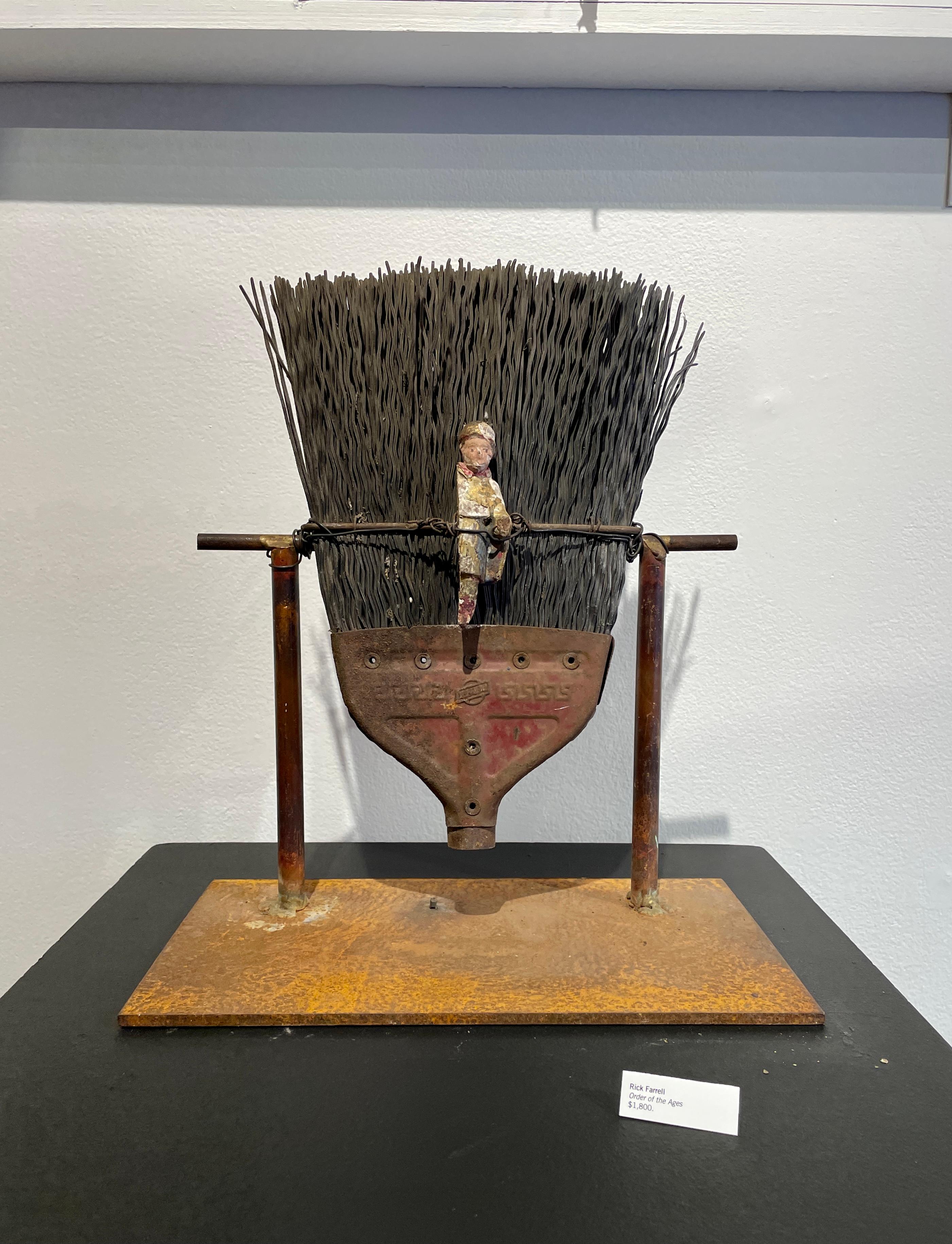 Order of the Ages - Found Object Sculpture with Heavy Bristle Brush & Figure For Sale 2