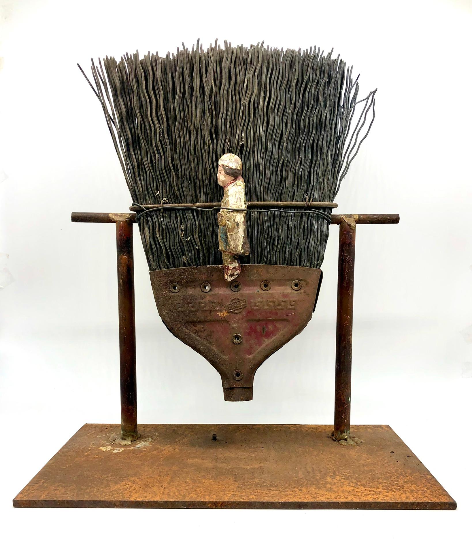 Rick Farrell Abstract Sculpture - Order of the Ages - Found Object Sculpture with Heavy Bristle Brush & Figure