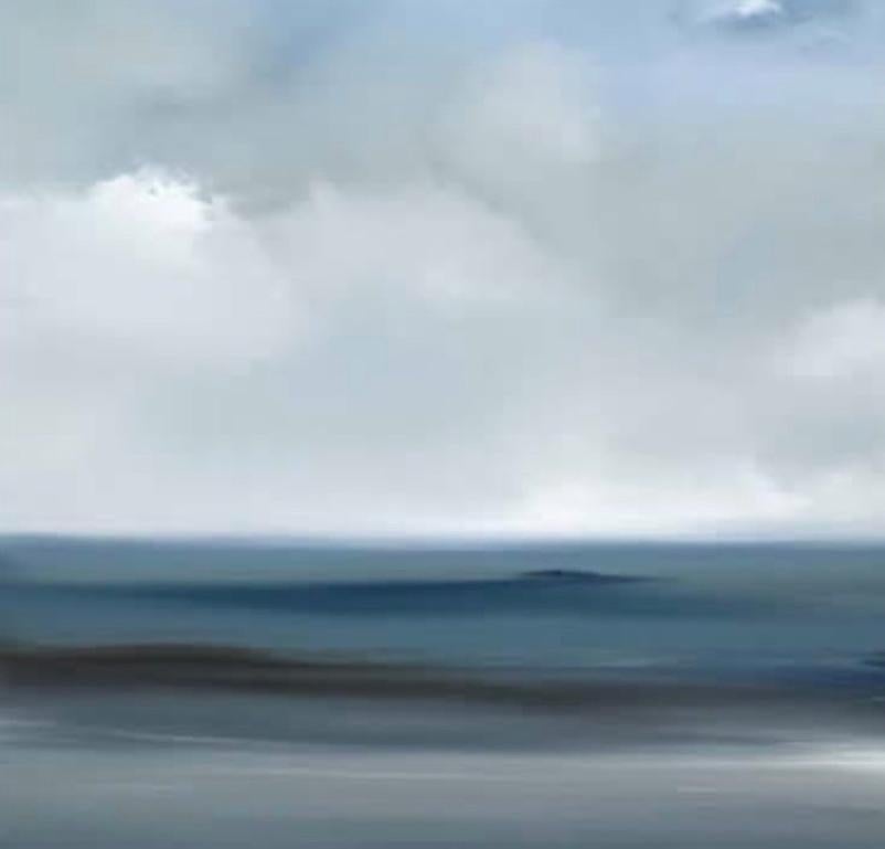 An original minimalist seascape, oil on canvas, by renowned American artist Rick Fleury (1960-) titled Truth, 2019. This seascape's cool toned blue, gray waters and cloud filled sky sky emote tranquility felt near the ocean. Hand signed by Fleury