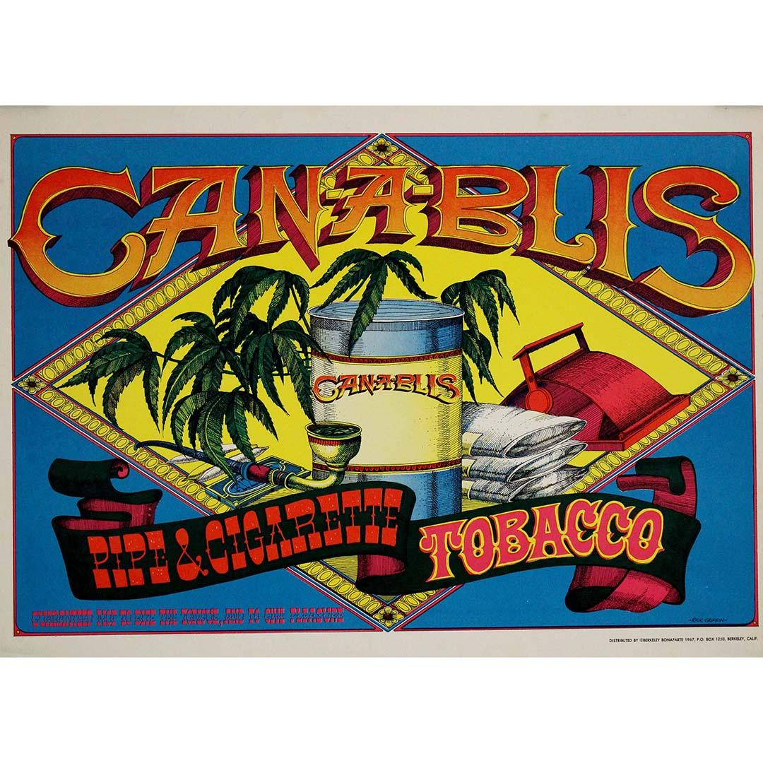 A vibrant explosion of color, lettering, and 1960s subculture energy, this original 1967 poster by Rick Griffin is a brilliant example of the artist’s unmistakable psychedelic style. Created to promote Can-A-Blis Pipe & Cigarette Tobacco, the poster