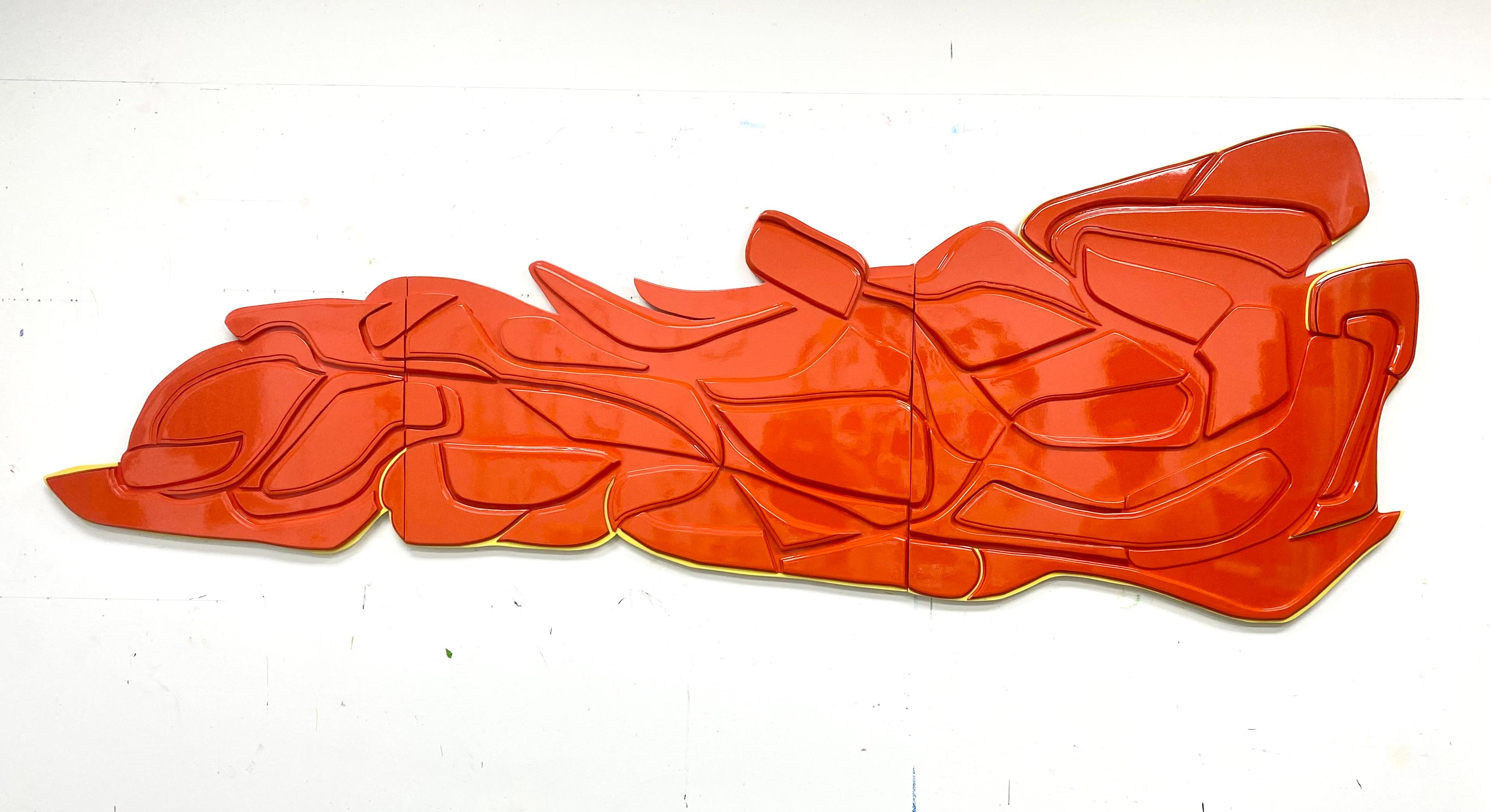 Rick Griggs Abstract Painting - "Fire Bird", 70's Orange Firebird Car Paint on MDF, Wall Sculpture, Minimalism