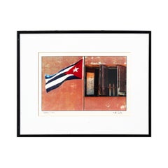 Havana, Cuba Daily Life Color Photograph of a Flying Cuban Flag by a Window