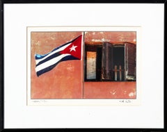 Vintage Havana, Cuba Daily Life Color Photograph of a Flying Cuban Flag by a Window