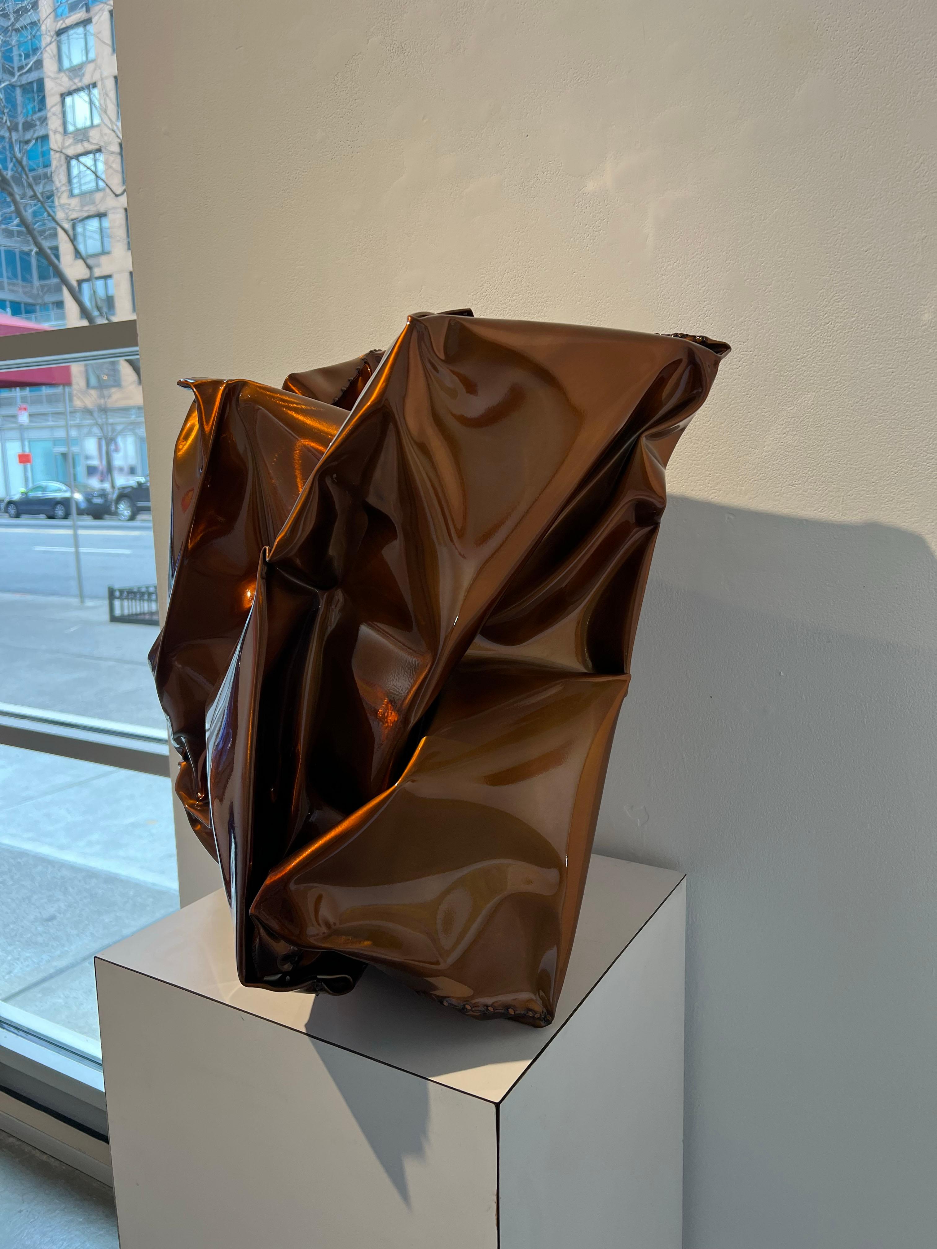 An outdoor sculpture molded with powder coated stainless steel. This sculpture is an rich, vibrant, and shiny brown. 

Rick Lazes is a three dimensional artist who works in a variety of media including wood, plaster, stainless steel, glass,