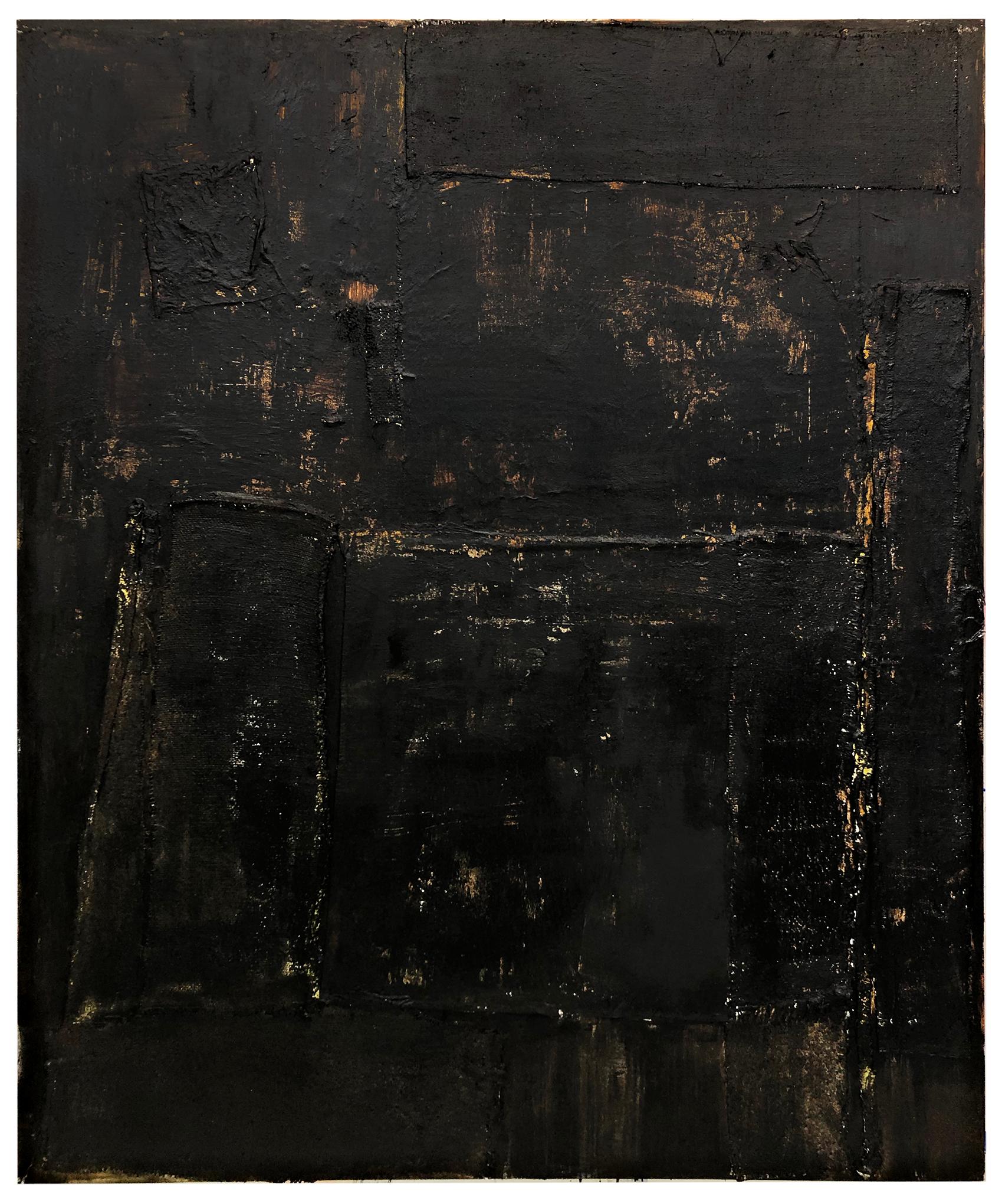 OCBLK00010122
Oil, Bitumen, Sand, Mica, Collage On Canvas
72" X 60"

I am a visual artist whose work investigates small and large -scale abstraction primarily in the medium of painting employing the use of industrial materials:enamel paint,  jute,