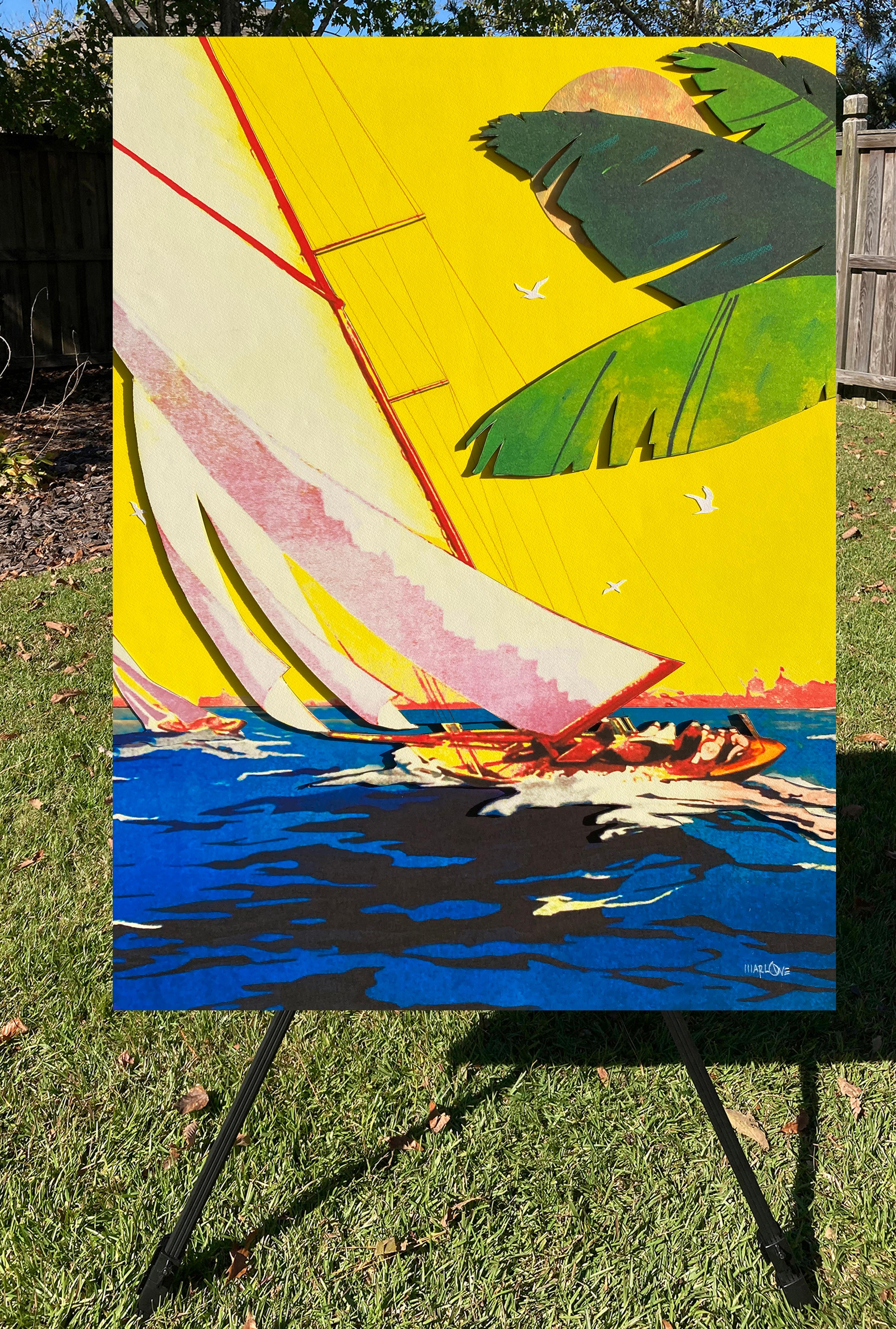 <p>Artist Comments<br />Boats race through the blue waters on a hot summer day, their sails catching the strong wind. Seagulls fly excitedly alongside them. The palm leaves add a tropical touch to the scene. Artist Rick 