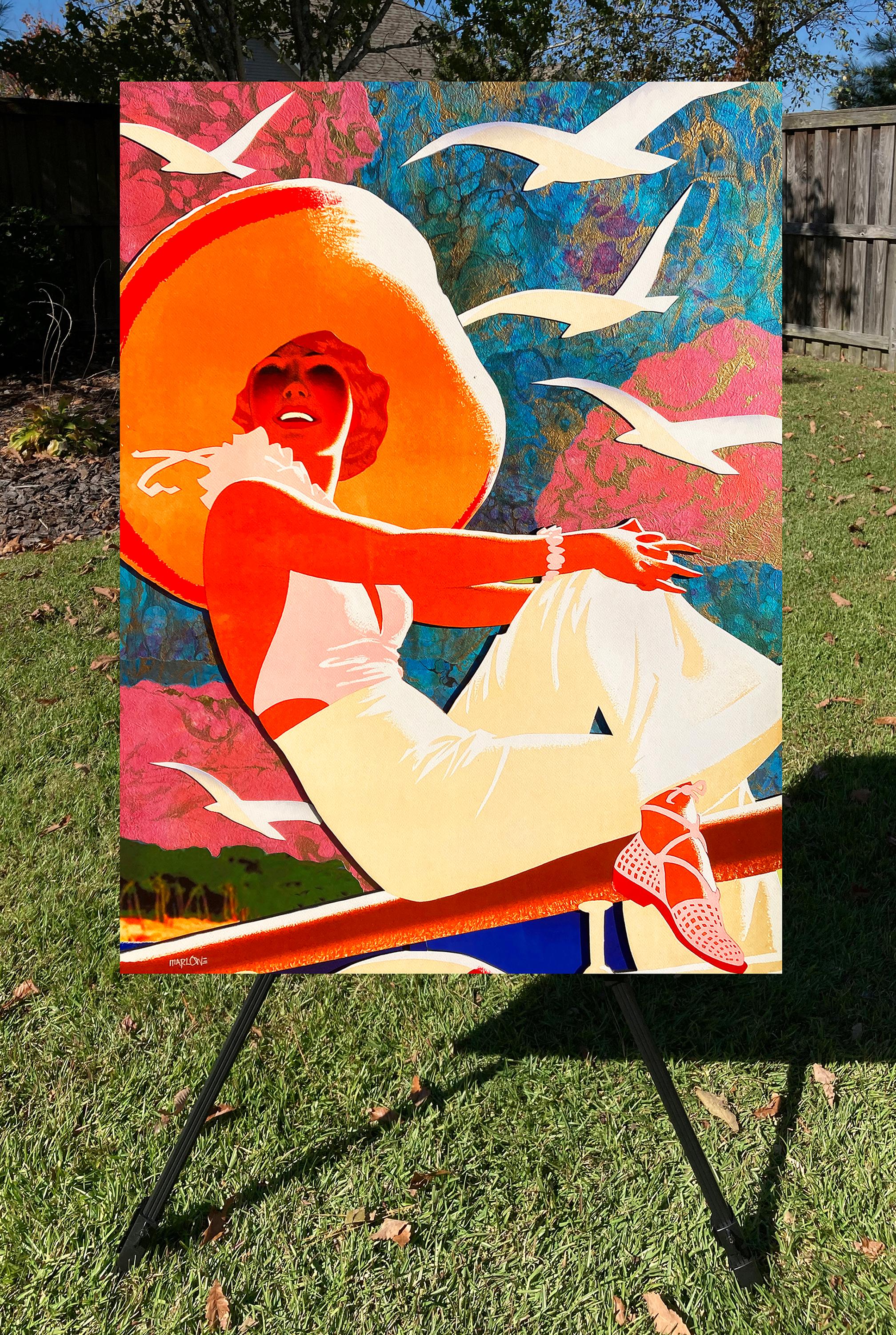 <p>Artist Comments<br>A woman in fashionable attire reclines against a railing, gazing pensively out toward a calm sea. The bright sun casts saturated red and orange tones on her skin. Seagulls soar gracefully above. Artist Rick 