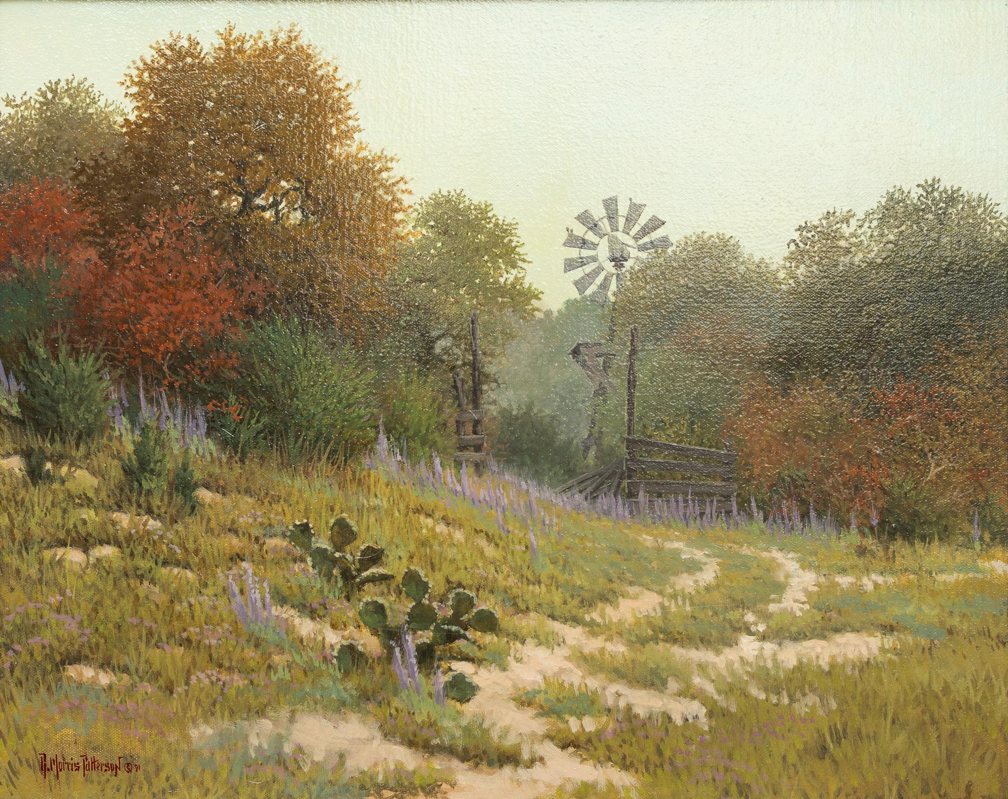 Landscape Painting de Rick Morris Patterson - Paisaje pastoral con molino de viento