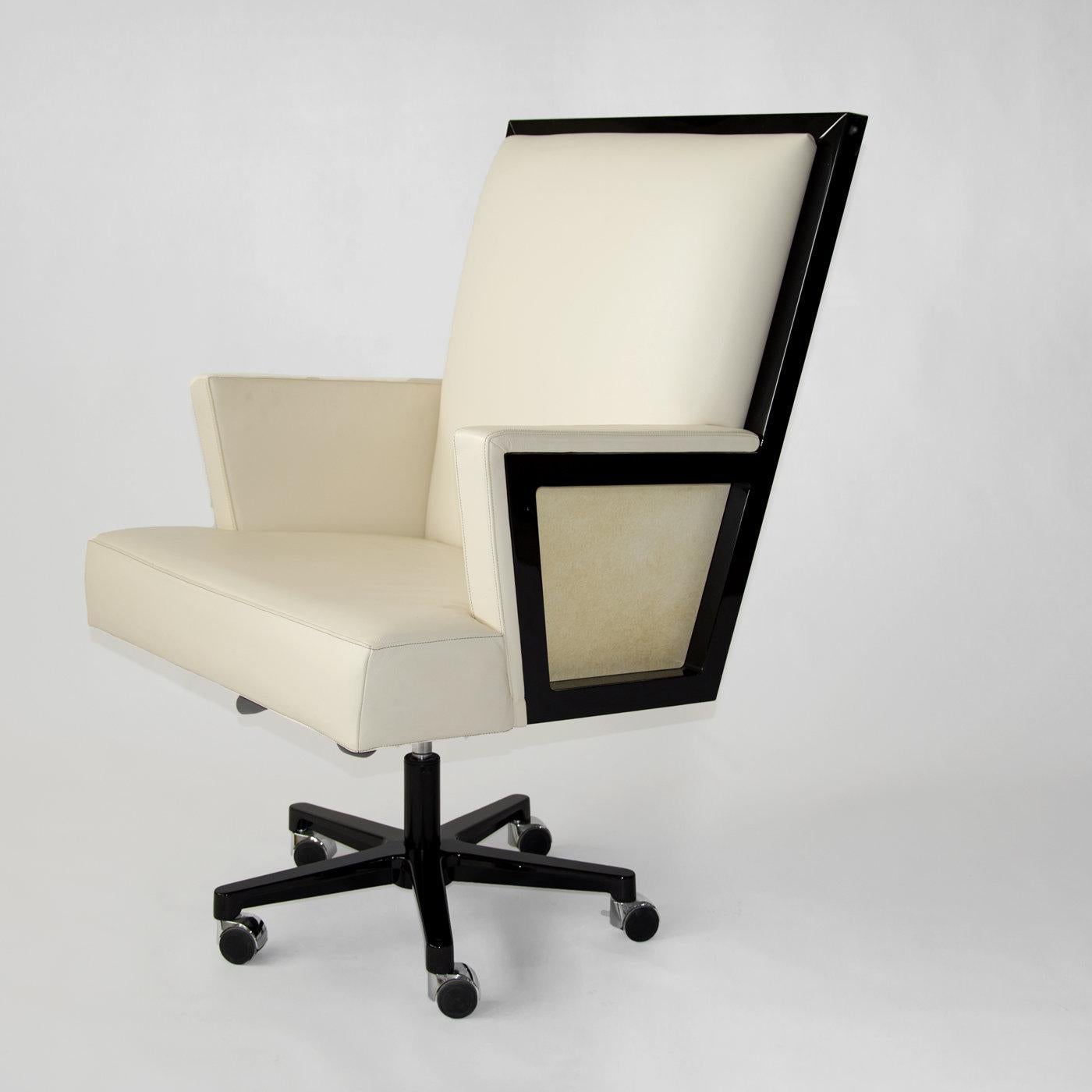 Cool style and glamor characterize the Rick Office Armchair with its clean lines and elegant design. Featuring black lacquered wood with panels (back and armrests) upholstered in natural matt parchment and a padded seat and interior in ivory