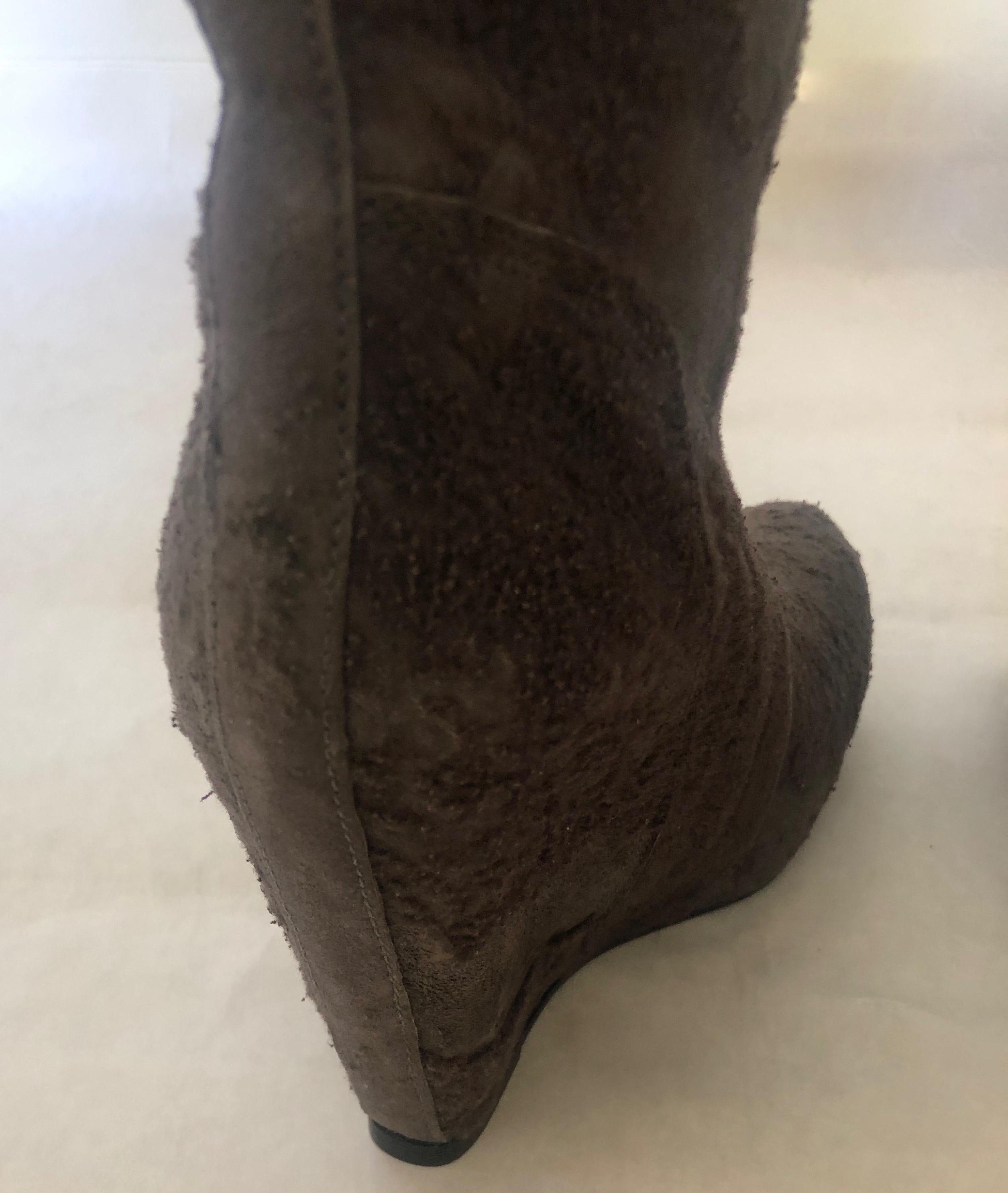 Rick Owen Light Brown Slouchy Textured Cowhide Ankle Wedge Platform Booties For Sale 9