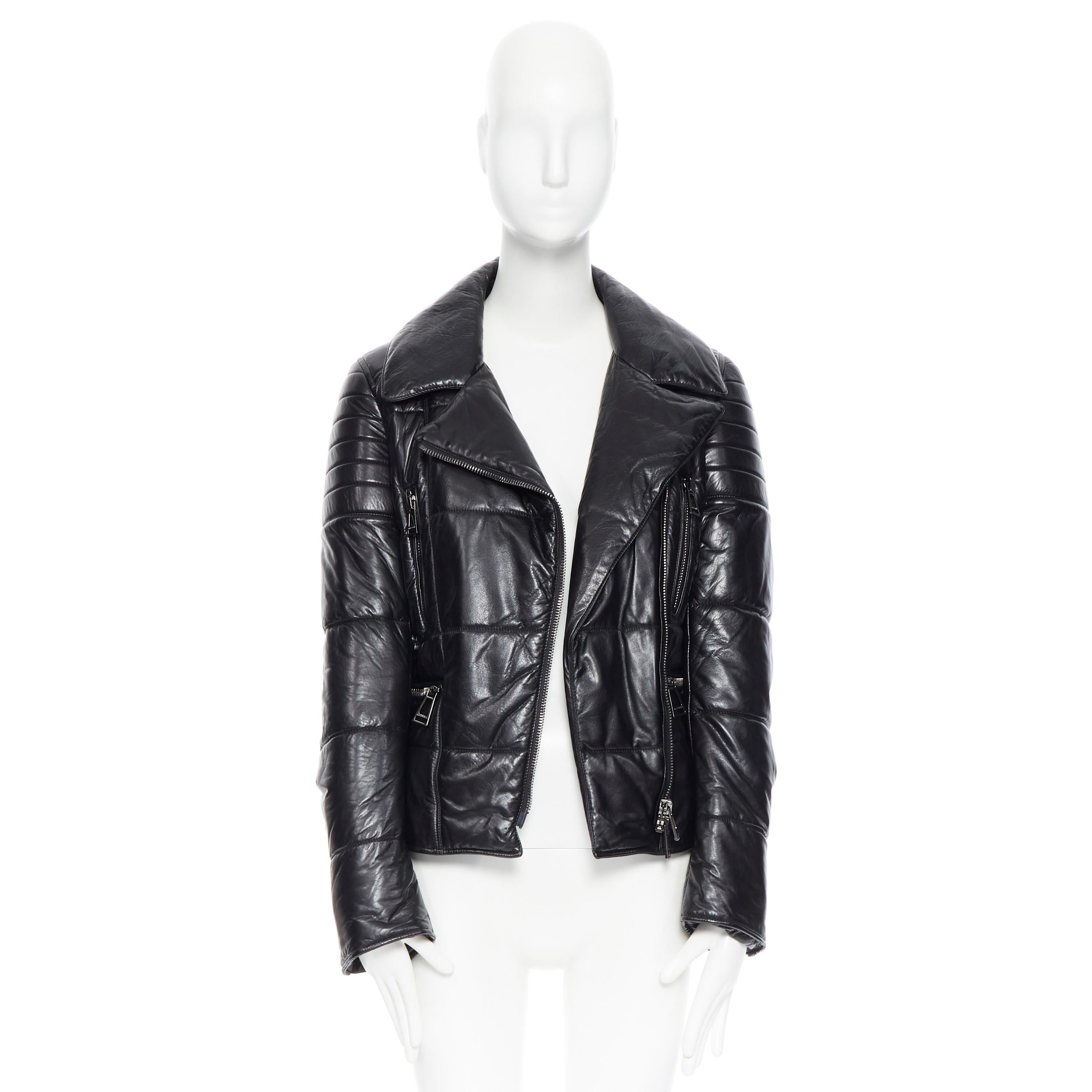 Black RICK OWENS 100% leather navy blue asymmetric zip cap sleeve biker jacket IT38
