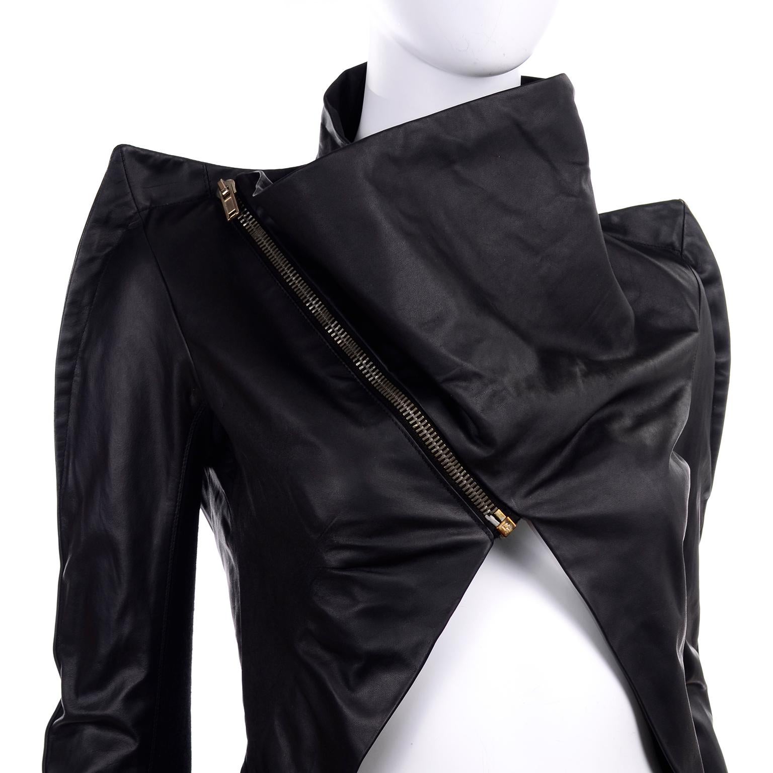 Rick Owens Asymmetrical Black Leather Jacket W Zipper & Pointed Sharp Shoulders 3