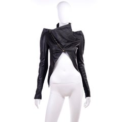 Rick Owens Asymmetrical Black Leather Jacket W Zipper & Pointed Sharp Shoulders