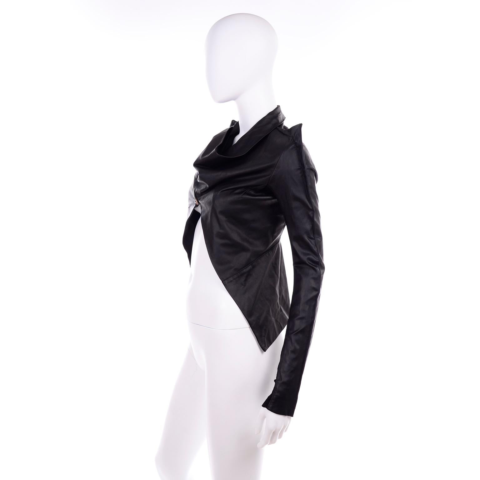 Rick Owens Asymmetrical Black Leather Jacket W Zipper & Pointed Sharp Shoulders In Excellent Condition In Portland, OR