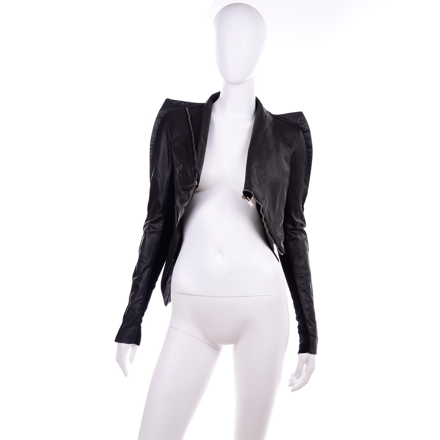 Women's Rick Owens Asymmetrical Black Leather Jacket W Zipper & Pointed Sharp Shoulders