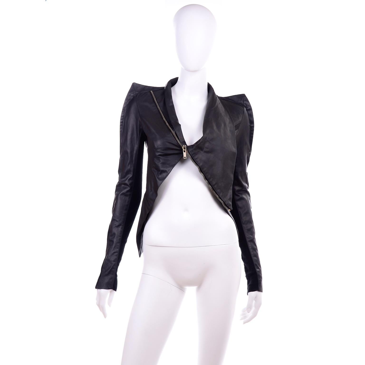 Rick Owens Asymmetrical Black Leather Jacket W Zipper & Pointed Sharp Shoulders 1
