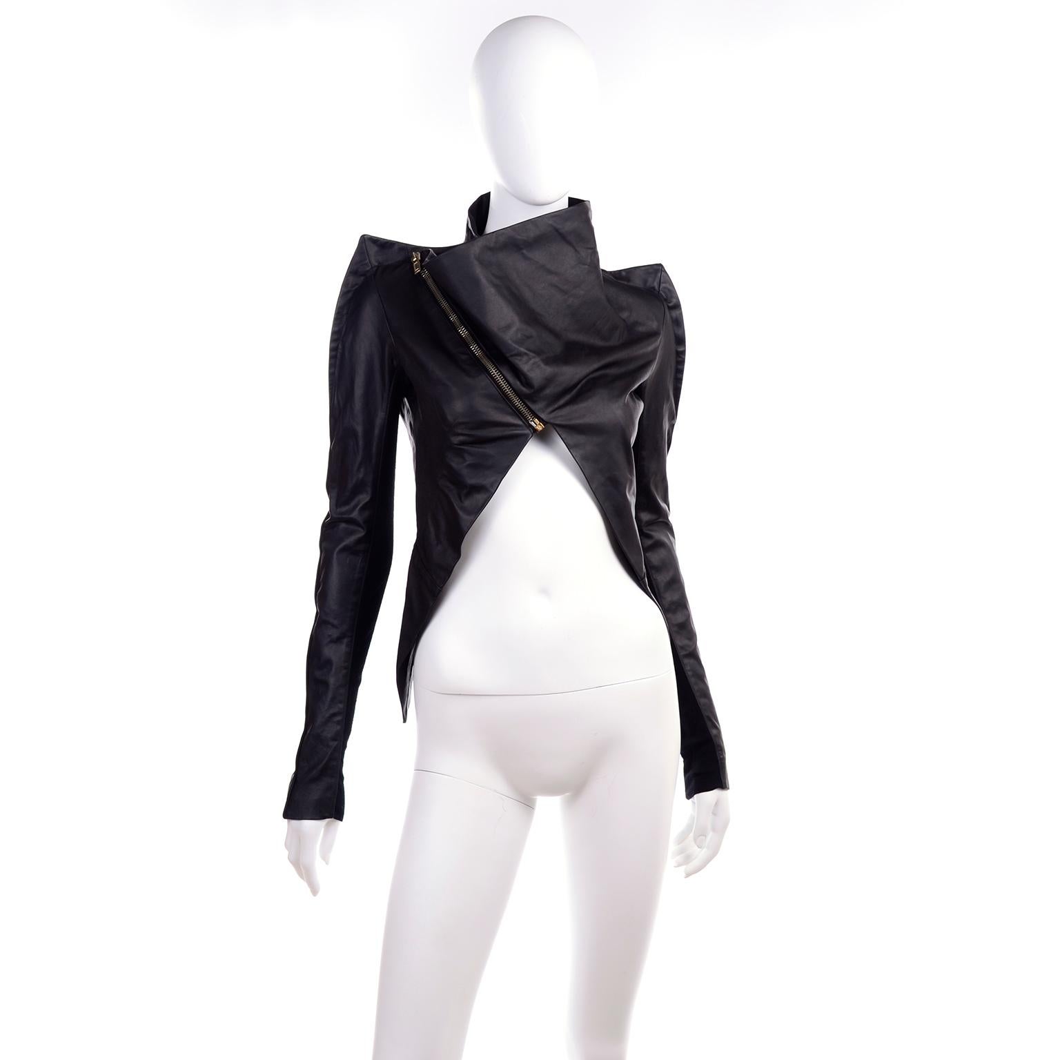 Rick Owens Asymmetrical Black Leather Jacket W Zipper & Pointed Sharp Shoulders 2