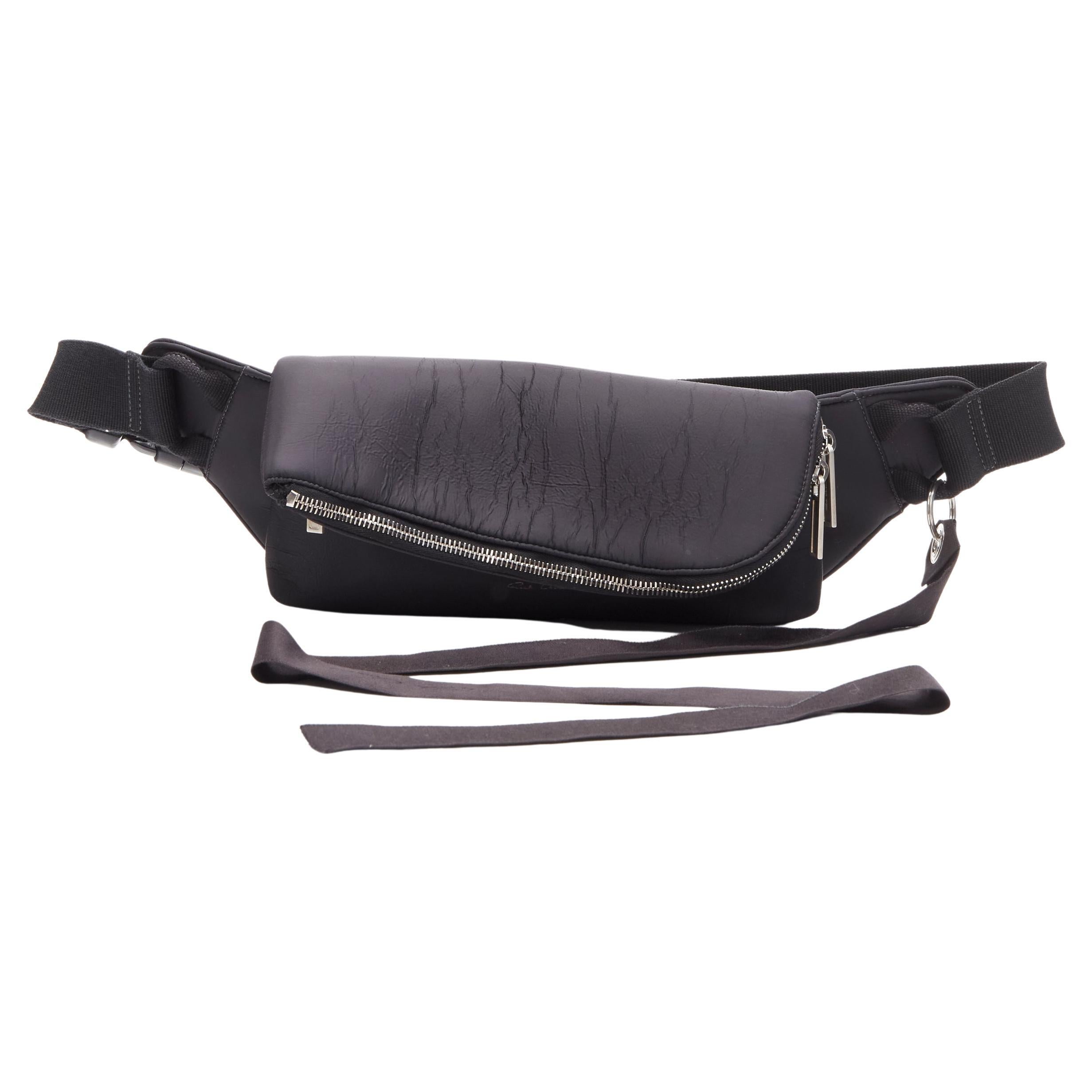 RICK OWENS black blistered neoprene silver zippers crossbody belt bag