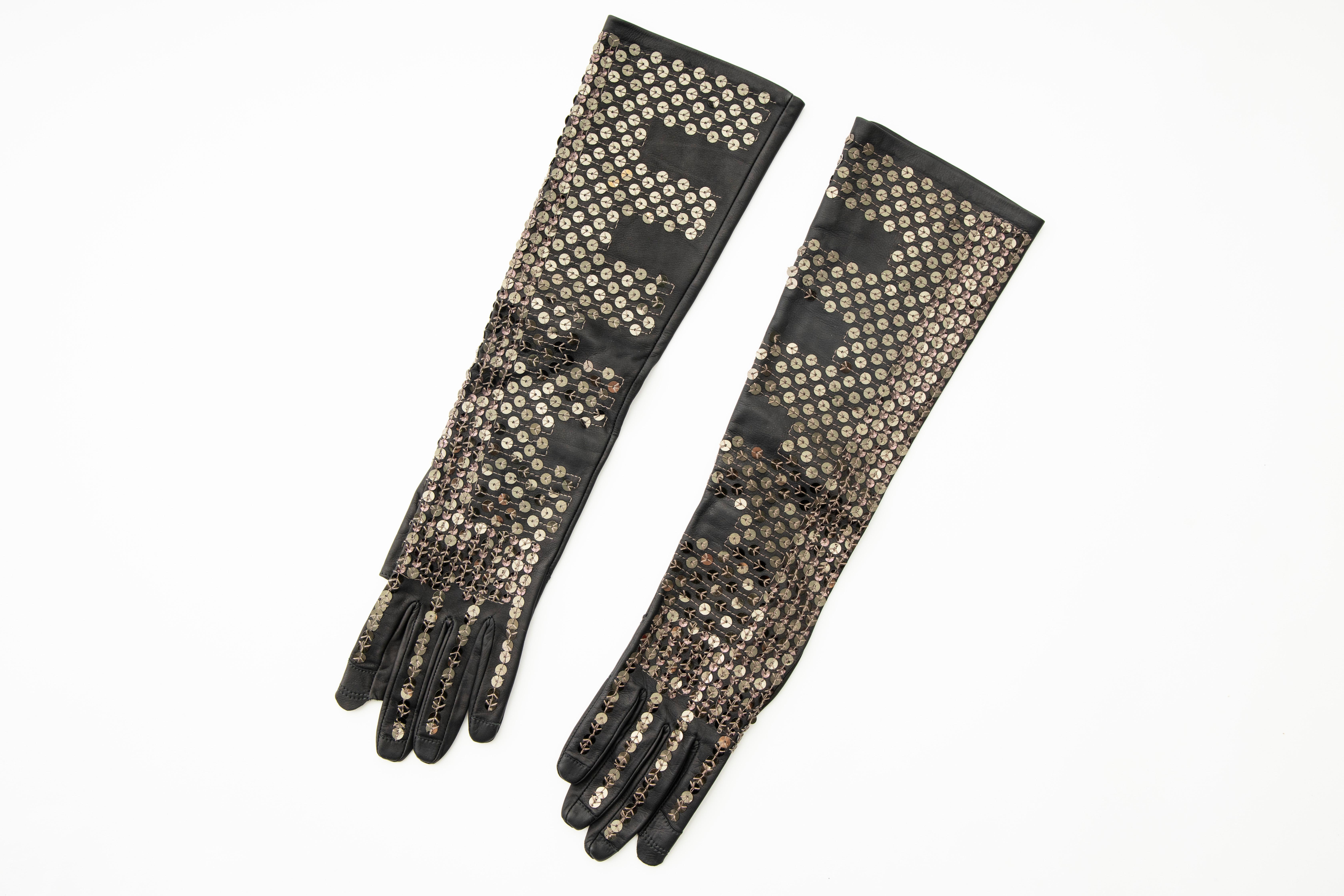Rick Owens Black Dark Dust Sphinx Long Leather Sequins Gloves, Fall 2015 For Sale 3