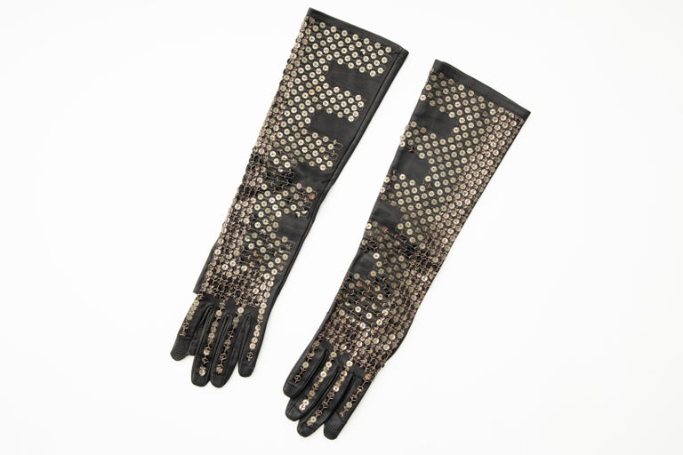 Rick Owens Black Dark Dust Sphinx Long Leather Sequins Gloves, Fall 2015 For Sale at 1stDibs
