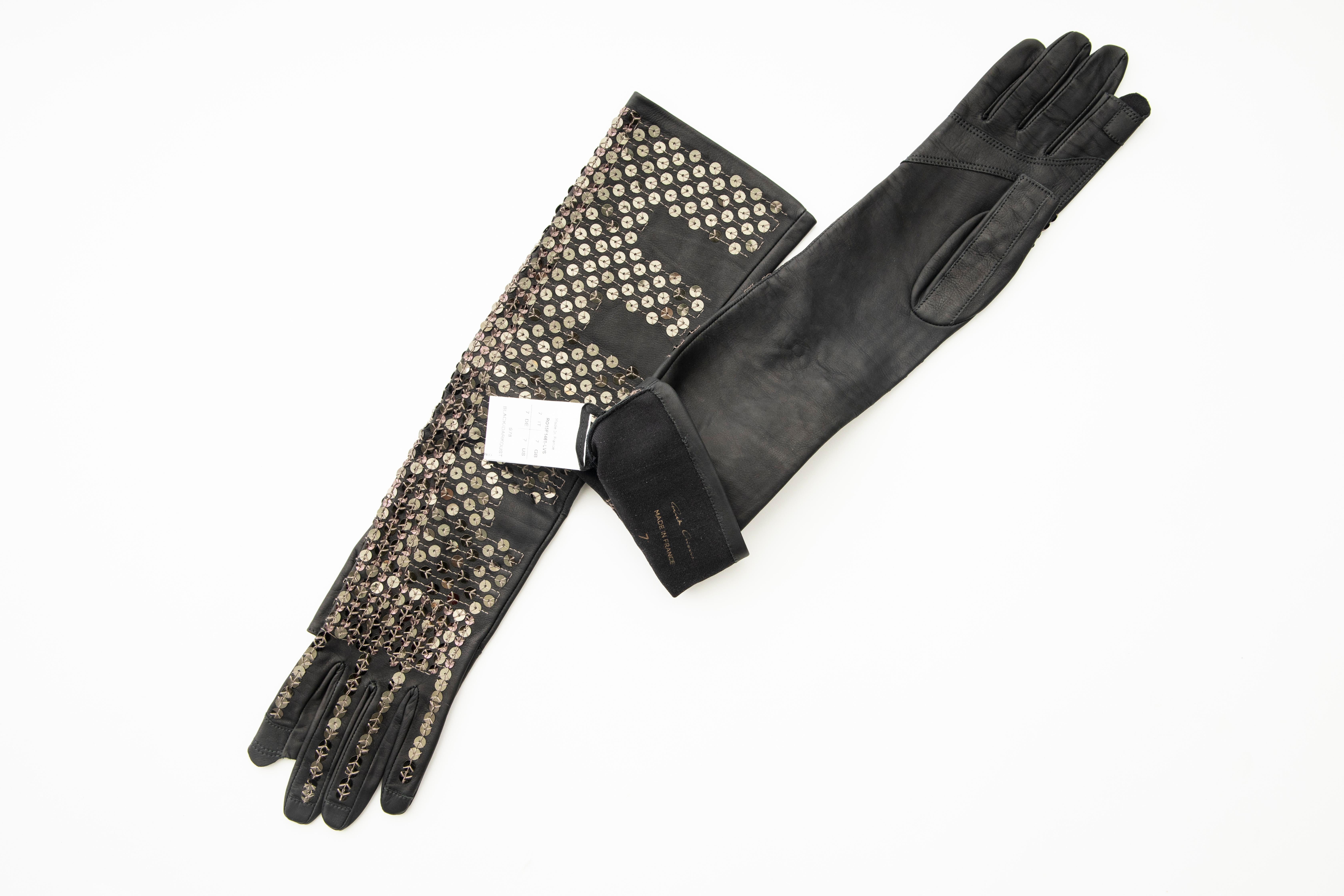 Rick Owens Black Dark Dust Sphinx Long Leather Sequins Gloves, Fall 2015 For Sale 4