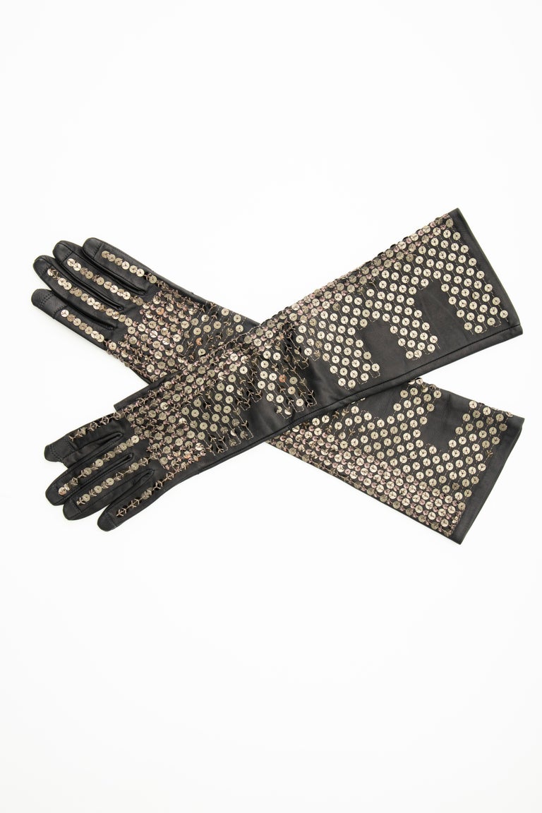 Rick Owens Black Dark Dust Sphinx Long Leather Sequins Gloves, Fall 2015 For Sale at 1stDibs