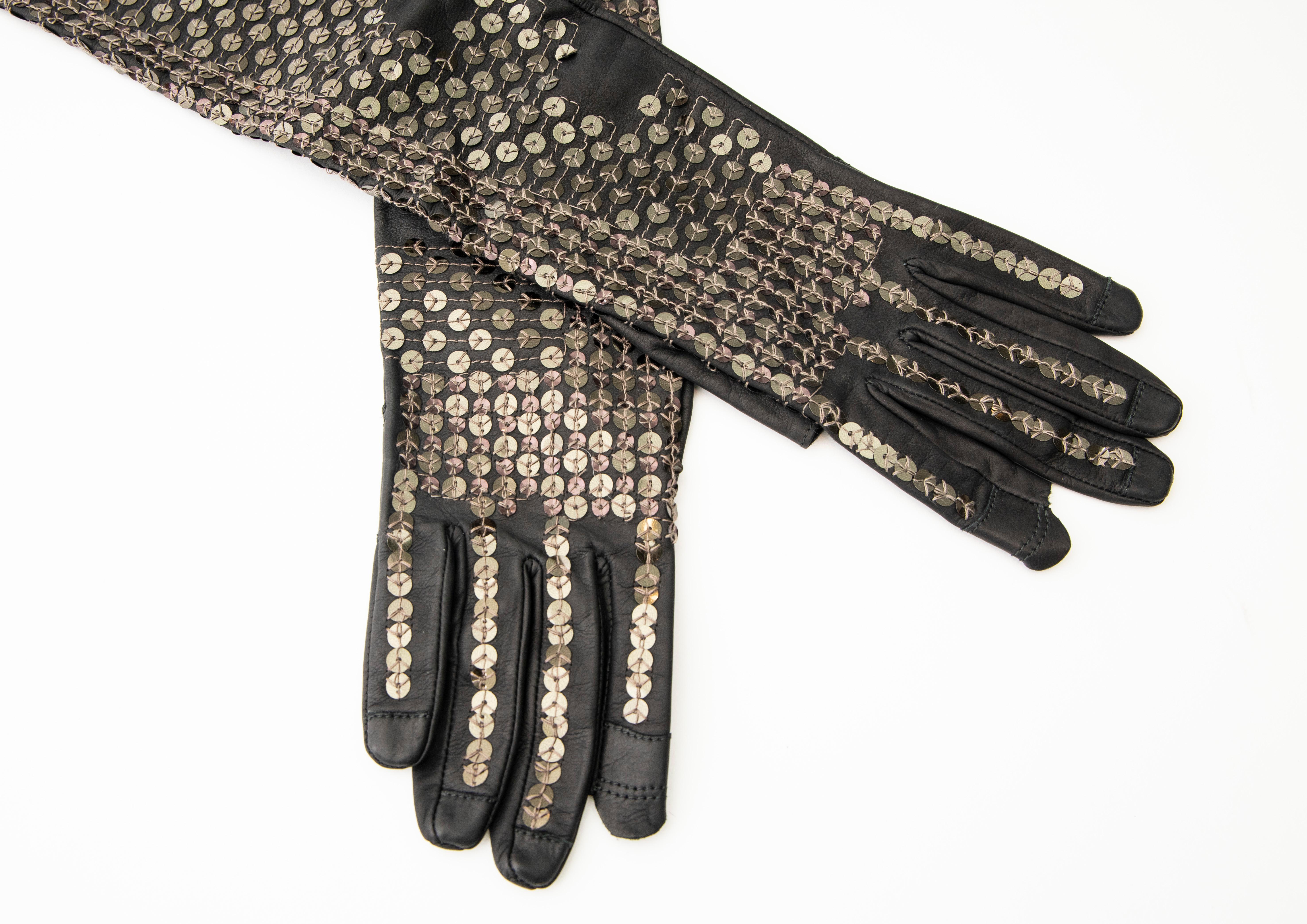 Rick Owens Black Dark Dust Sphinx Long Leather Sequins Gloves, Fall 2015 In Excellent Condition For Sale In Cincinnati, OH