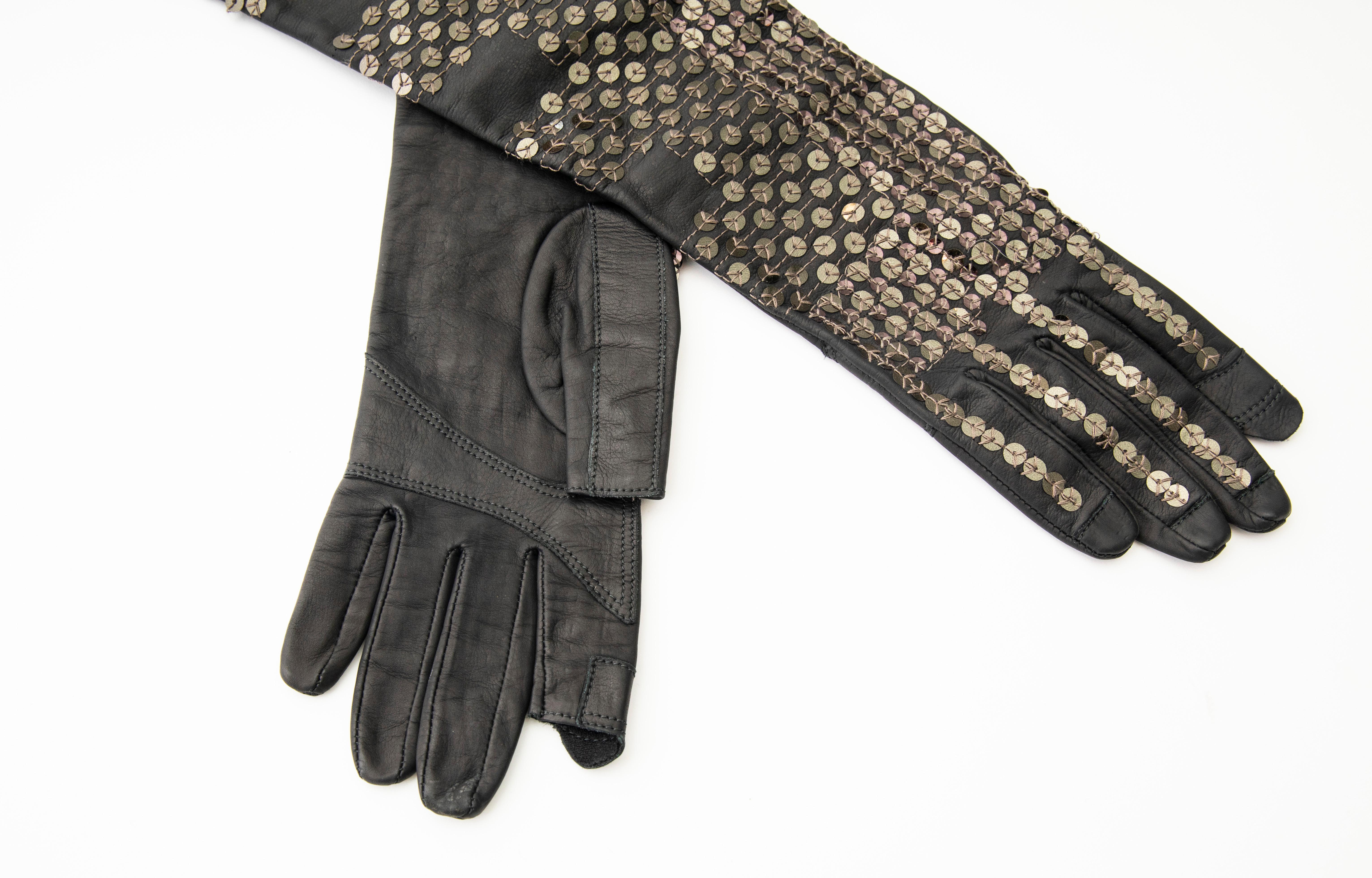 Women's or Men's Rick Owens Black Dark Dust Sphinx Long Leather Sequins Gloves, Fall 2015 For Sale