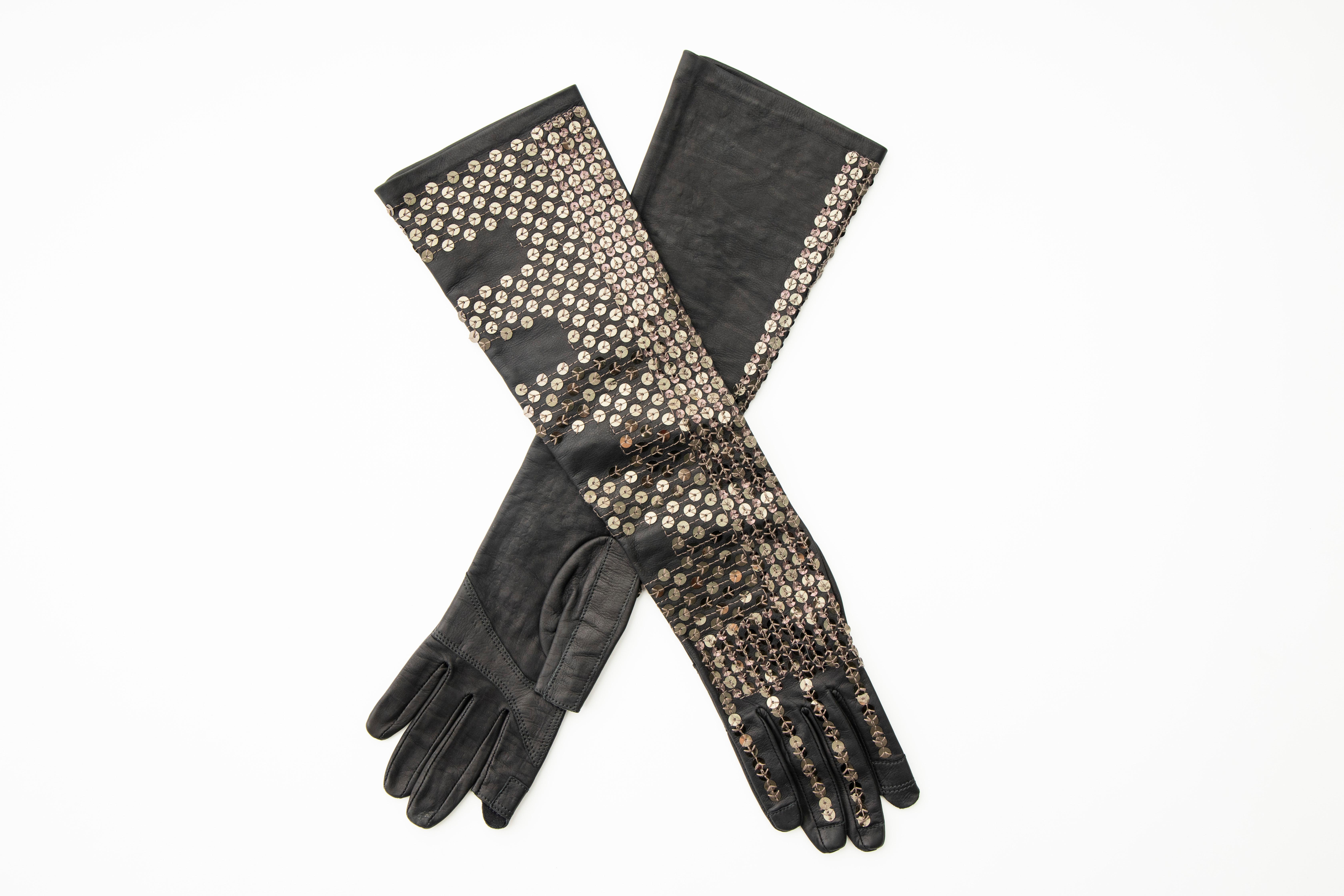 Rick Owens Black Dark Dust Sphinx Long Leather Sequins Gloves, Fall 2015 For Sale 1