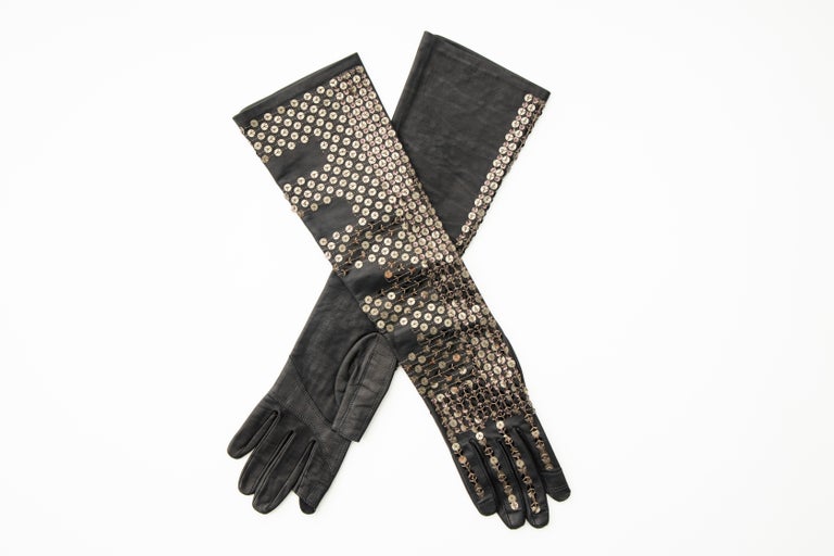 Rick Owens Black Dark Dust Sphinx Long Leather Sequins Gloves, Fall 2015 For Sale at 1stDibs