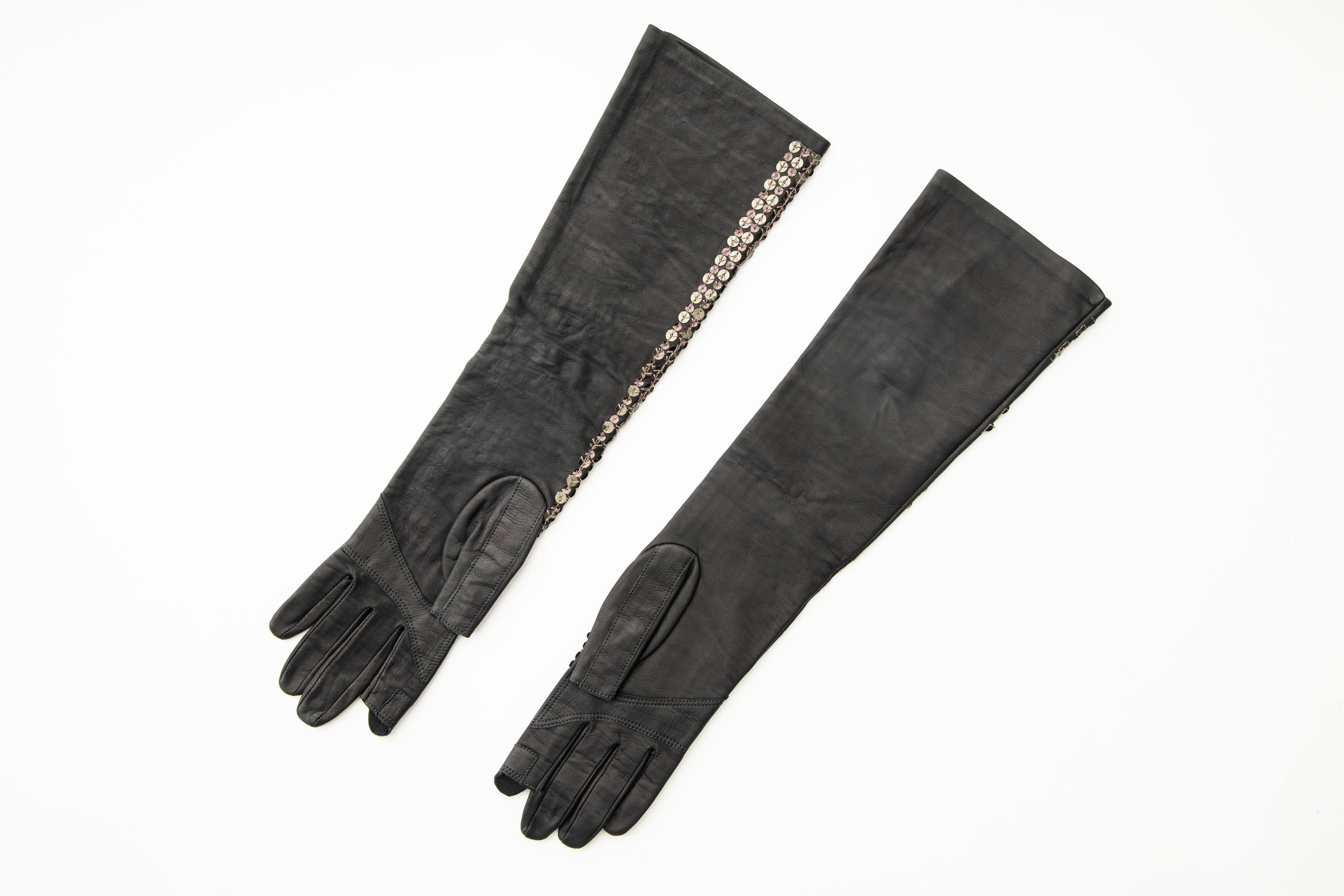 Rick Owens Black Dark Dust Sphinx Long Leather Sequins Gloves, Fall 2015 For Sale 2