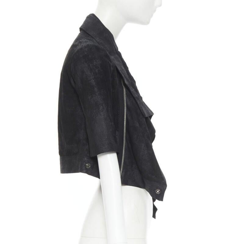 RICK OWENS black distressed blister leather draped crop biker jacket IT40 S In Excellent Condition For Sale In Hong Kong, NT