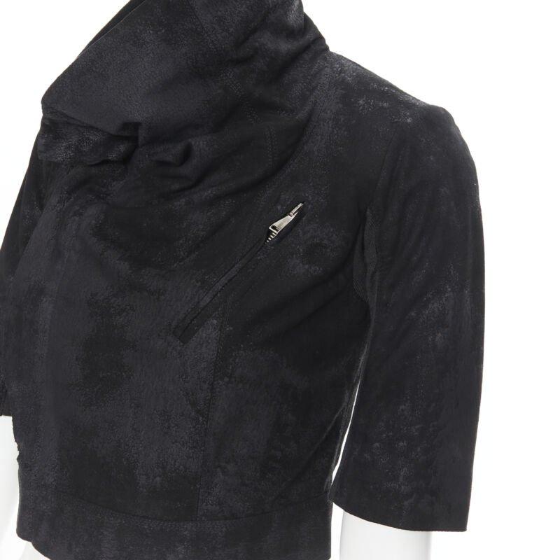 RICK OWENS black distressed blister leather draped crop biker jacket IT40 S For Sale 3