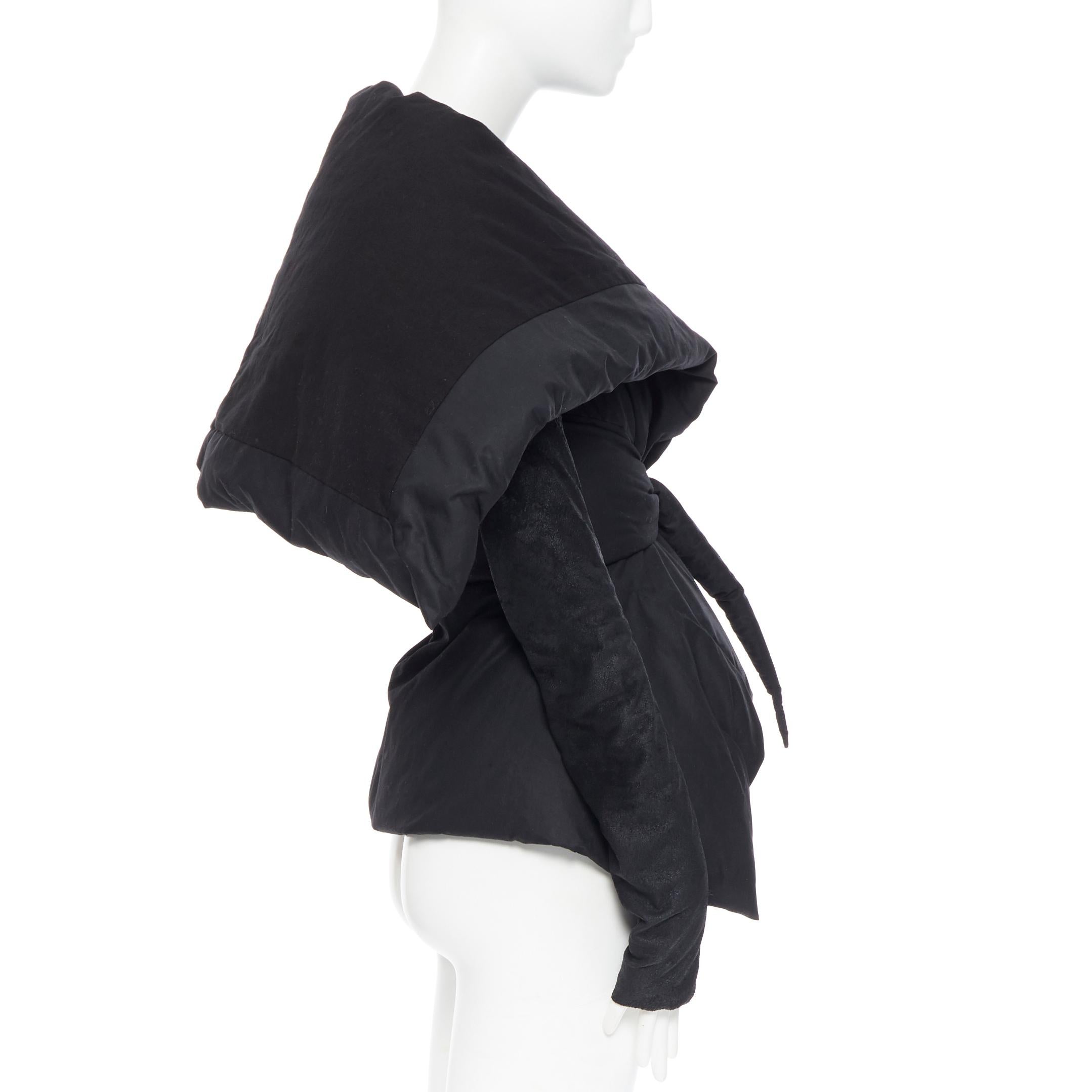 Black RICK OWENS black goose down leather sleeve oversized collar belted jacket IT42 S