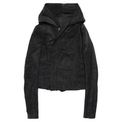 Rick Owens  Black Hooded Cropped Blistered Leather Jacket