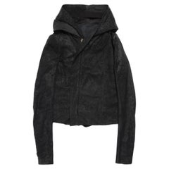 Rick Owens Black Hooded Cropped Blistered Leather Jacket