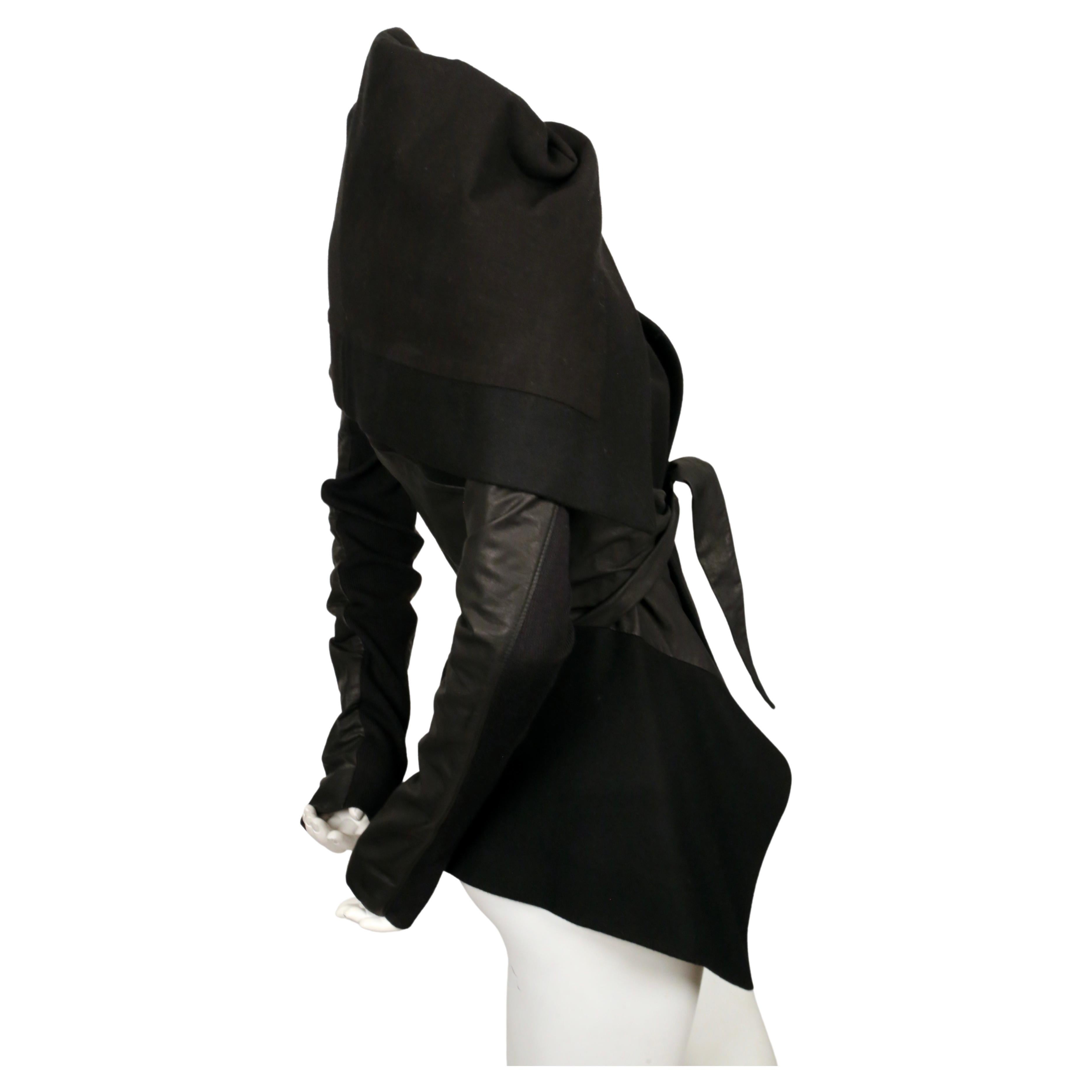 RICK OWENS black jacket with leather sleeves and asymmetrical hemline In Good Condition For Sale In San Fransisco, CA
