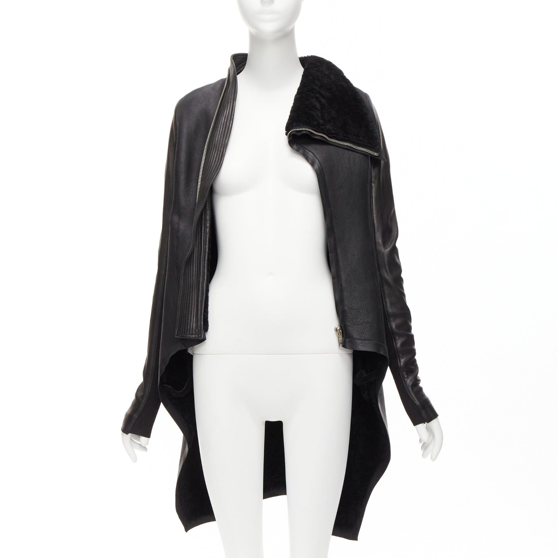 RICK OWENS black lamb leather shearling lined asymmetric coat IT38 XS In Good Condition For Sale In Hong Kong, NT
