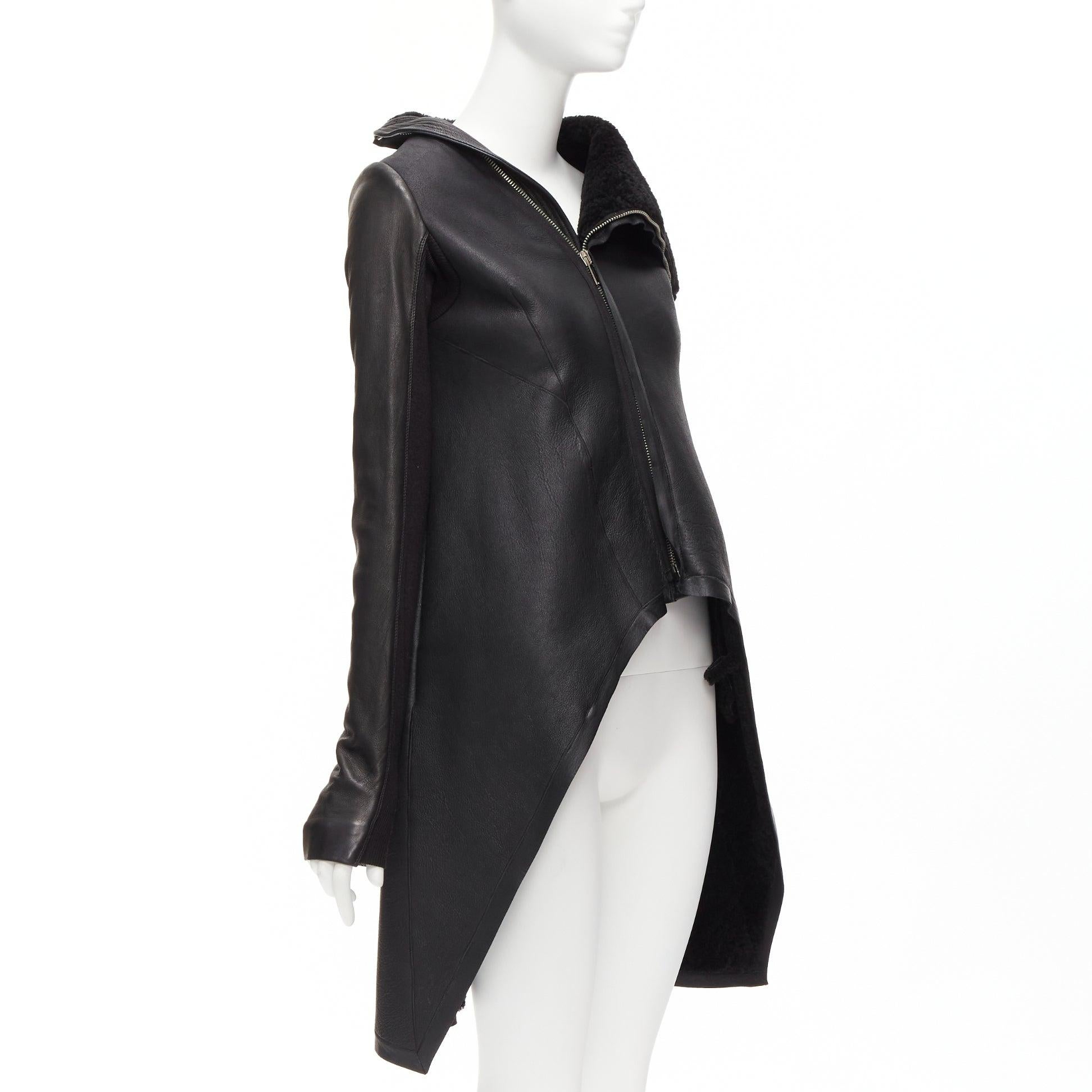 Women's RICK OWENS black lamb leather shearling lined asymmetric coat IT38 XS For Sale
