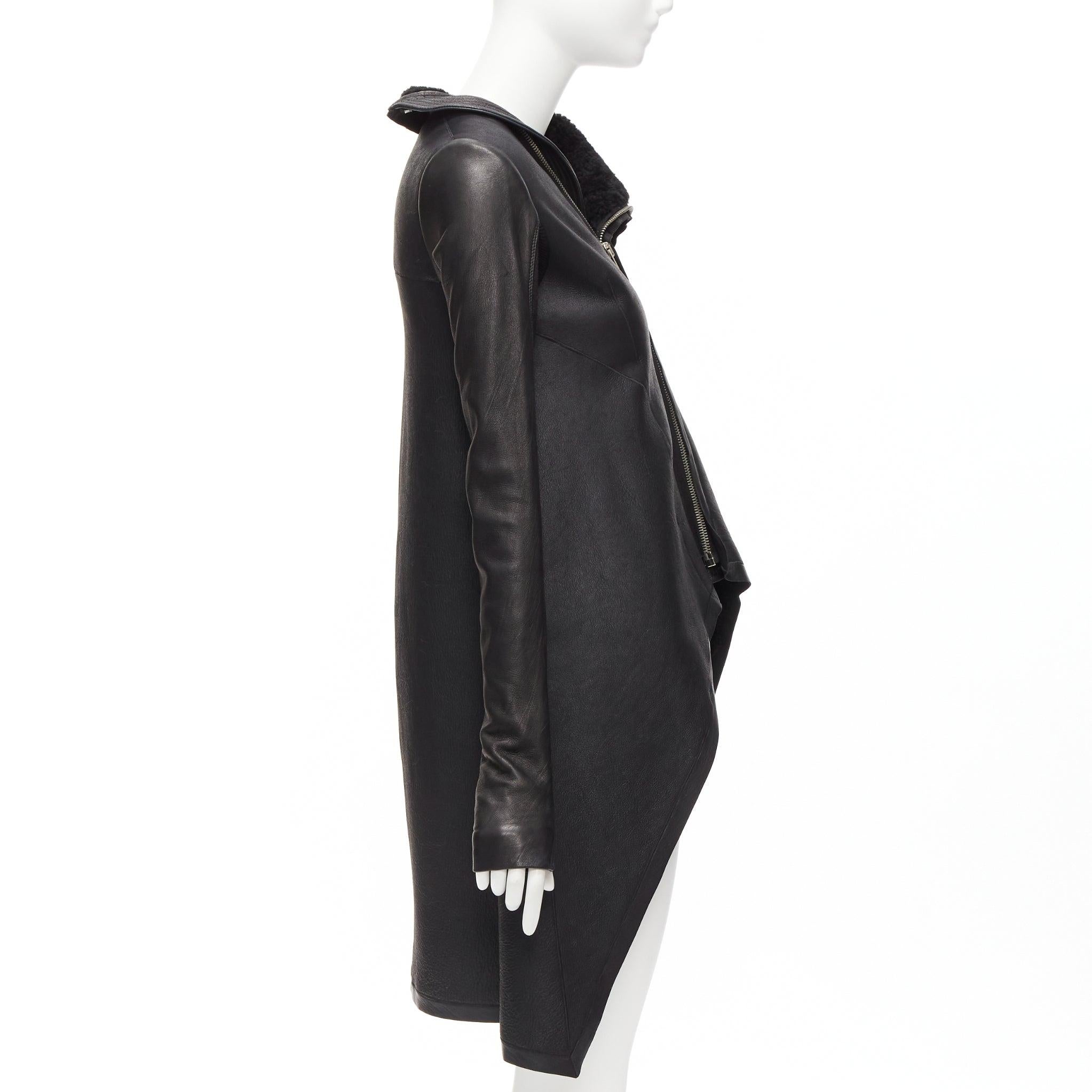 RICK OWENS black lamb leather shearling lined asymmetric coat IT38 XS For Sale 1