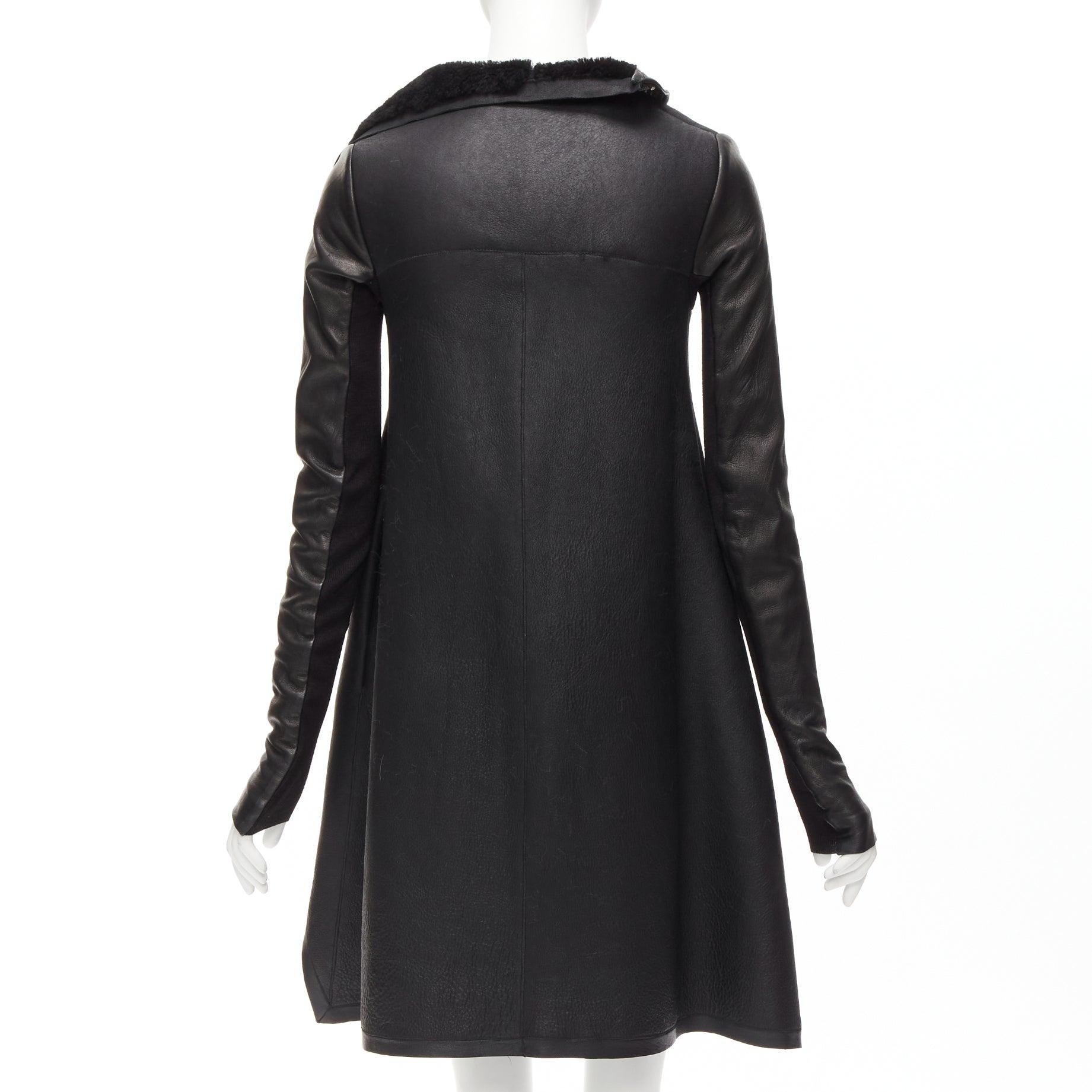 RICK OWENS black lamb leather shearling lined asymmetric coat IT38 XS For Sale 2