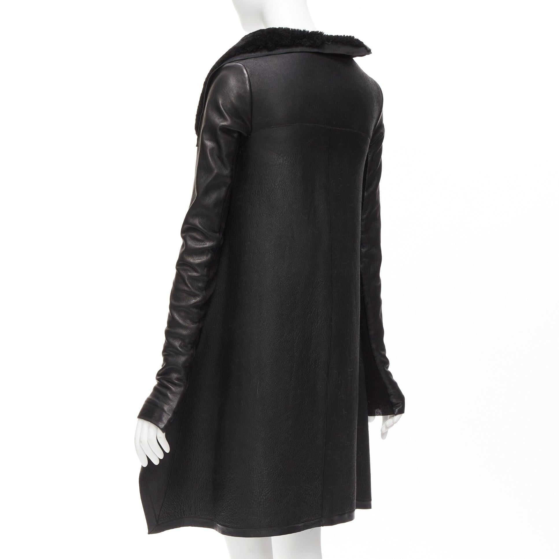 RICK OWENS black lamb leather shearling lined asymmetric coat IT38 XS For Sale 3