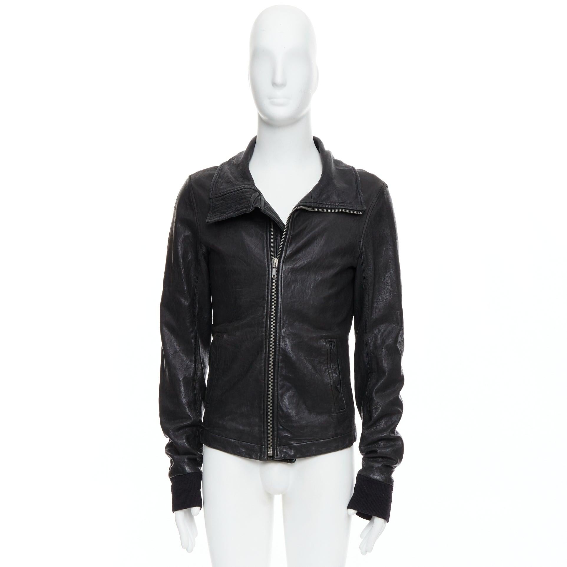 RICK OWENS black lambskin leather Olmar Mirta zip motorcycle jacket XS For Sale 6